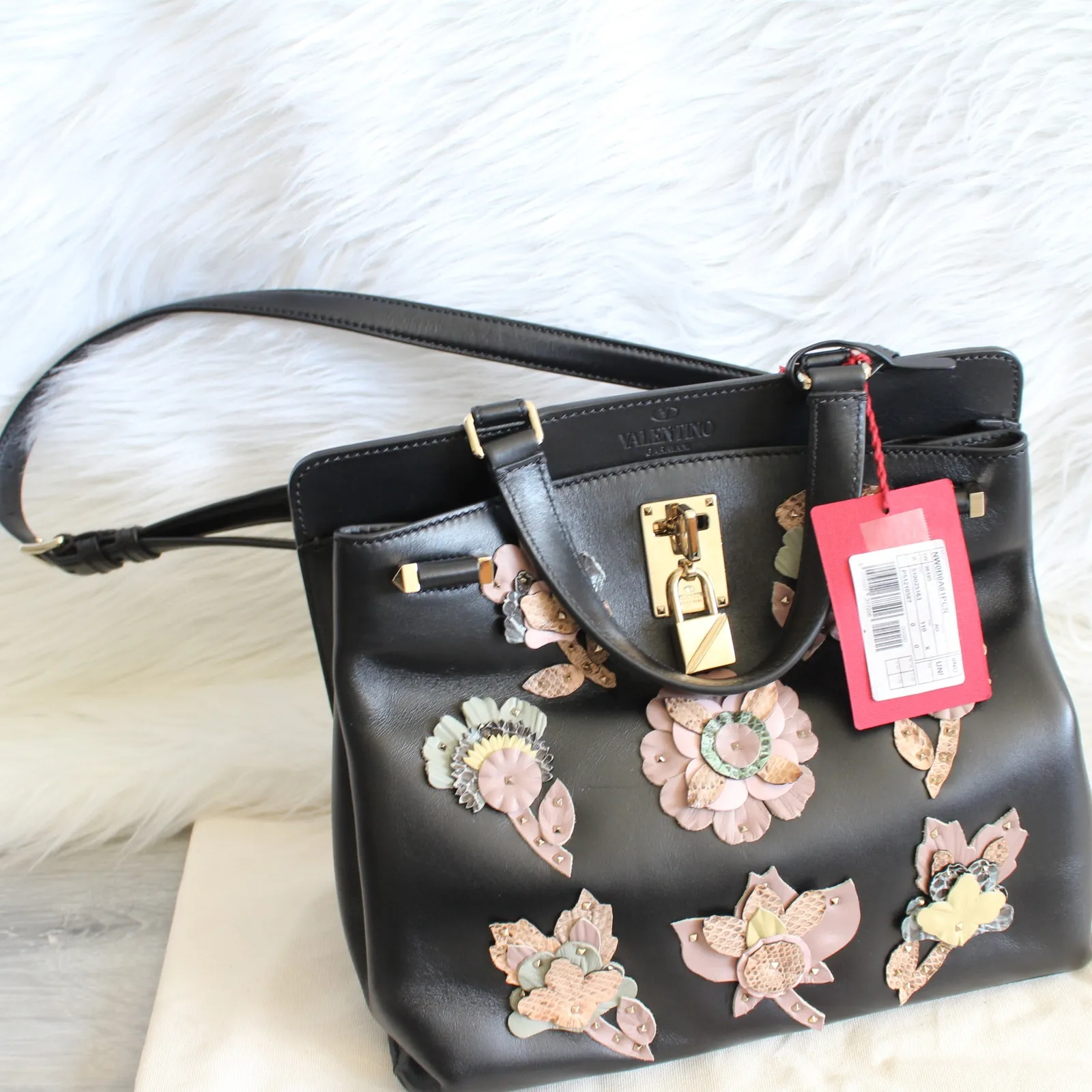 Valentino Joylock Black Leather Floral Applique Rockstud Satchel Shoulder Bag - Image 4