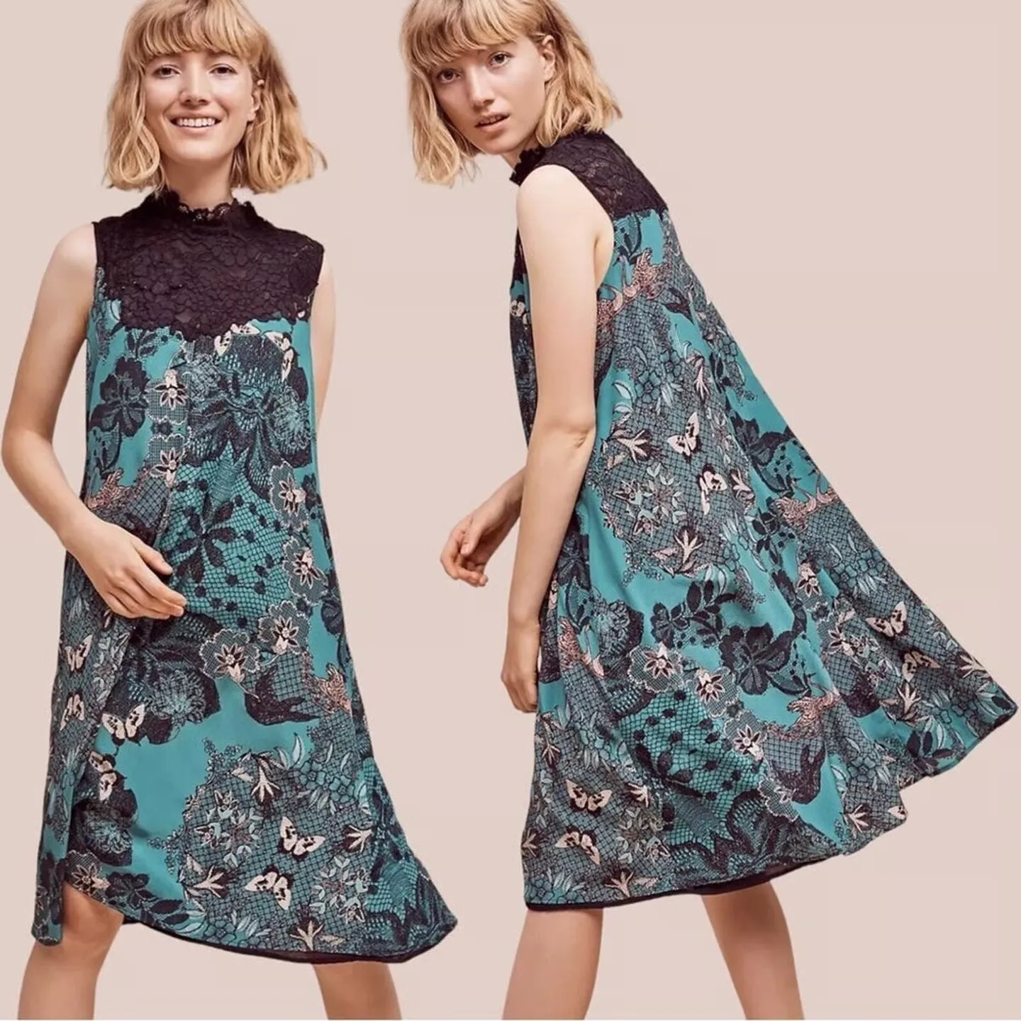 Anthropologie Maeve Lace Collar Butterfly Swing Dress Summer A-Line Green Medium - Image 2
