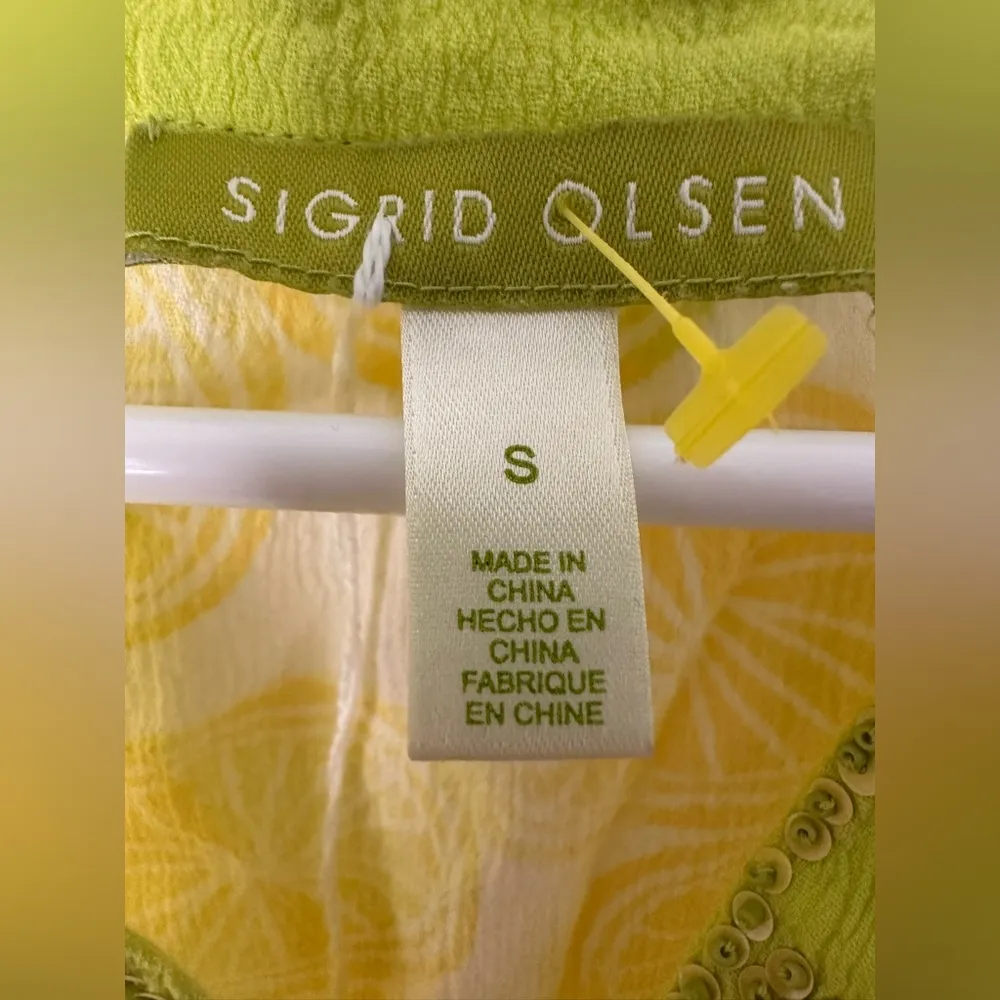 SIGRID OLSEN Top S Lemon Print Crinkle Gauze V-Neck Beaded Sequin Cotton Yellow - Image 4