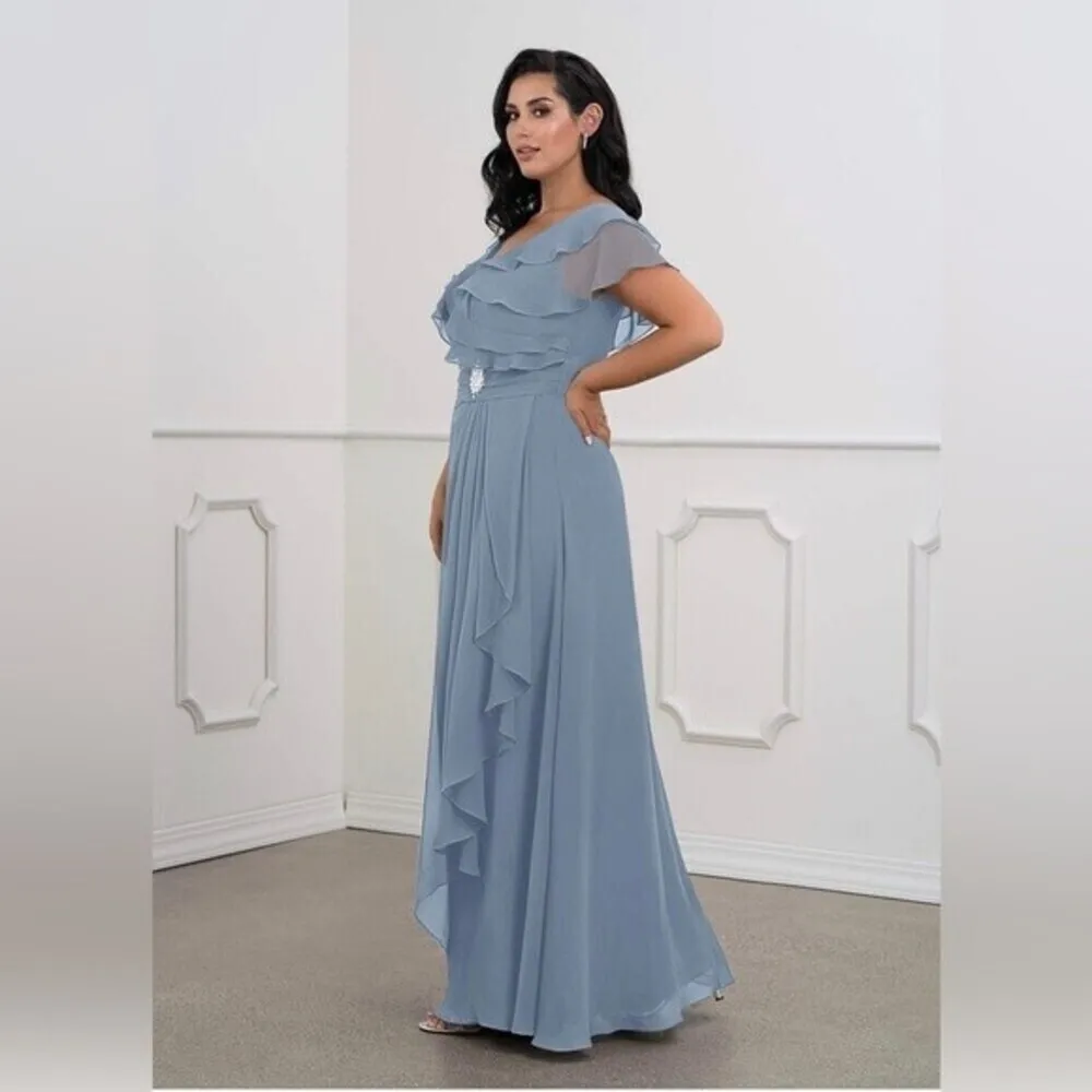 AZAZIE maxi dress A-Line Ruched Chiffon Floor-Length Dress Dusty Blue Size 10 - Image 9