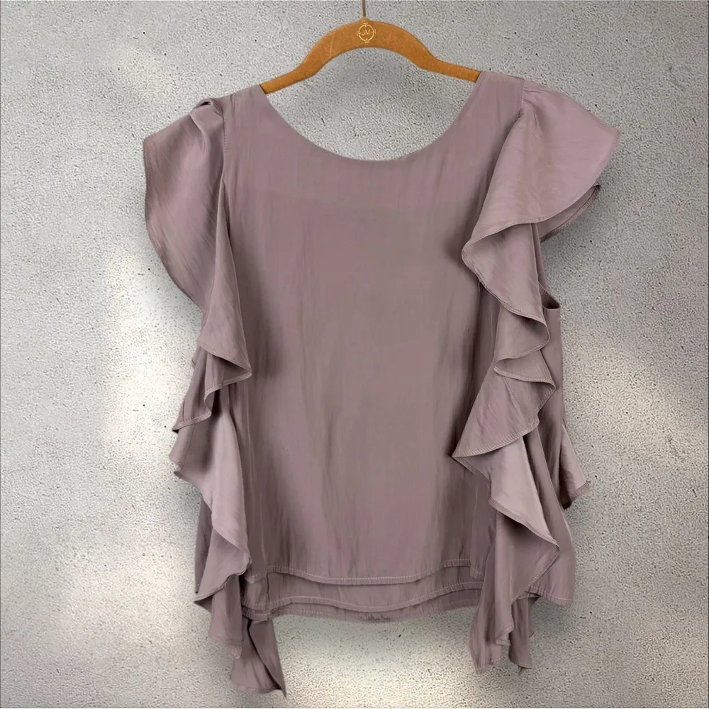 Koch Cafe Cara‎ Top Blouse Satin Ruffle Tan Beige Sz XS - Image 4