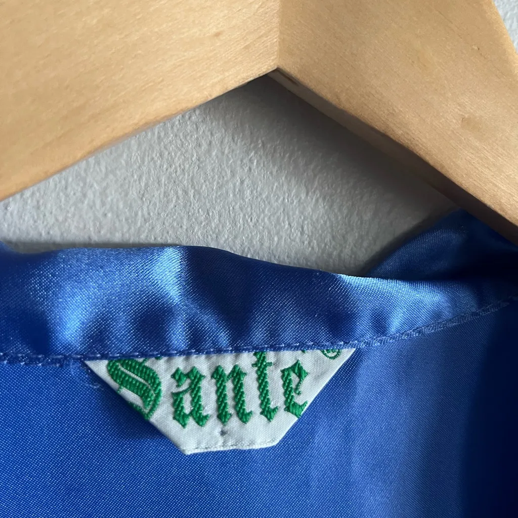 Vintage Satin Cosmo Pajama Shirt Blue Floral Embroidered Lounge Blouse M Pj’s Size M - Image 2