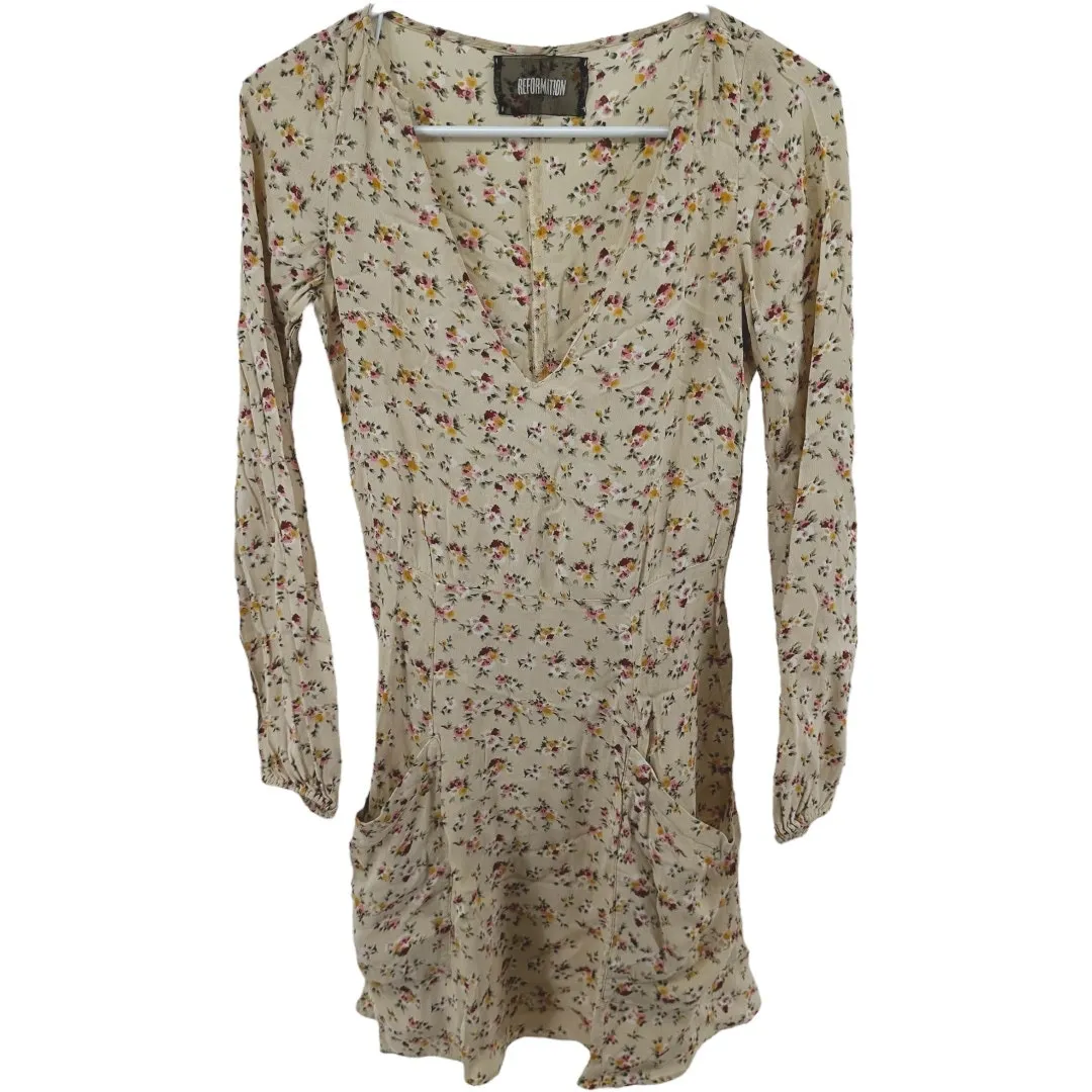 Reformation Misha Dress Fit & Flare Mini Floral V Neck Peasant Pocket Beige 2 - Image 2