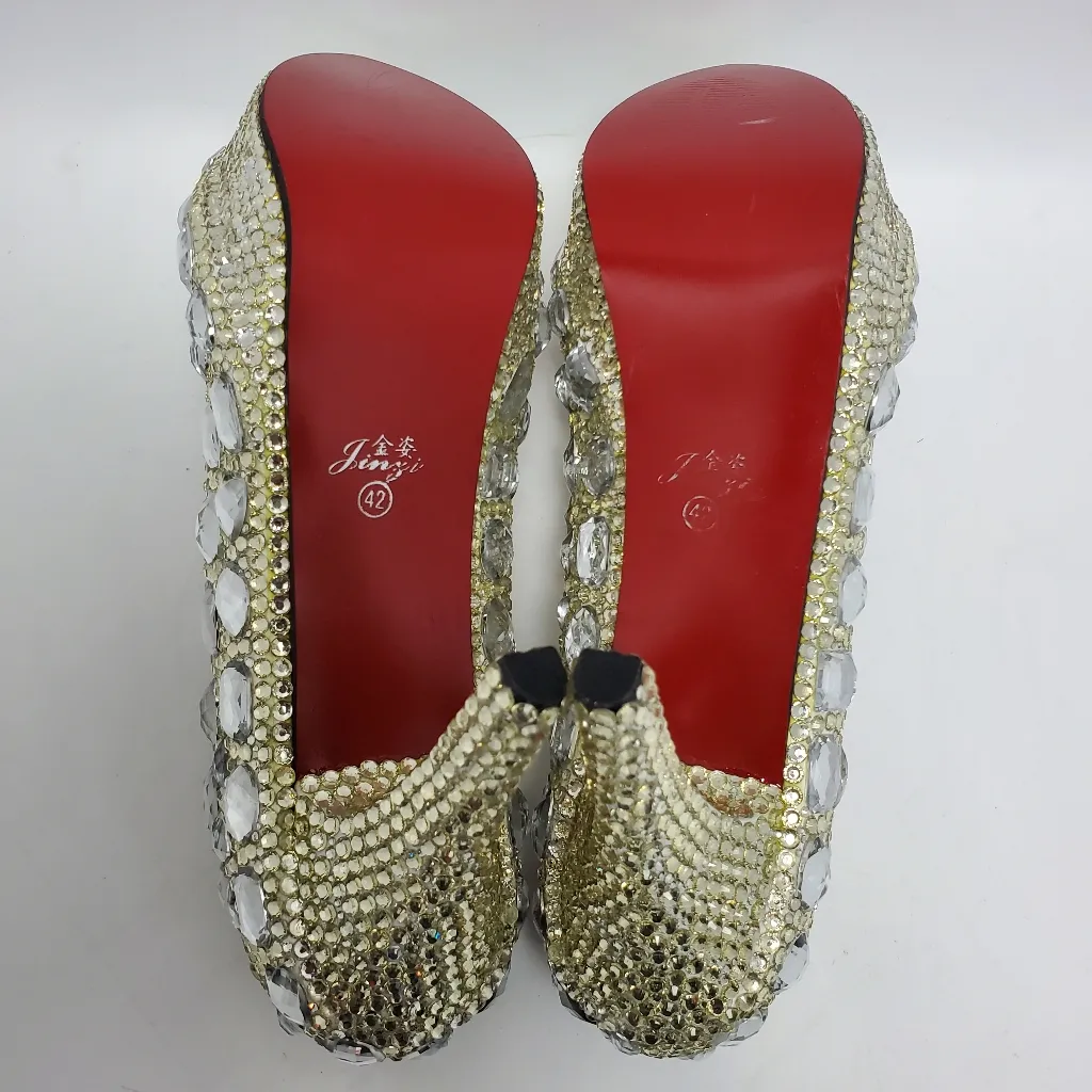 Cinderella Crystal Glass Rhinostones Beaded Wedding Heel Shoes Sz 42 Red Bottom Silver - Image 5