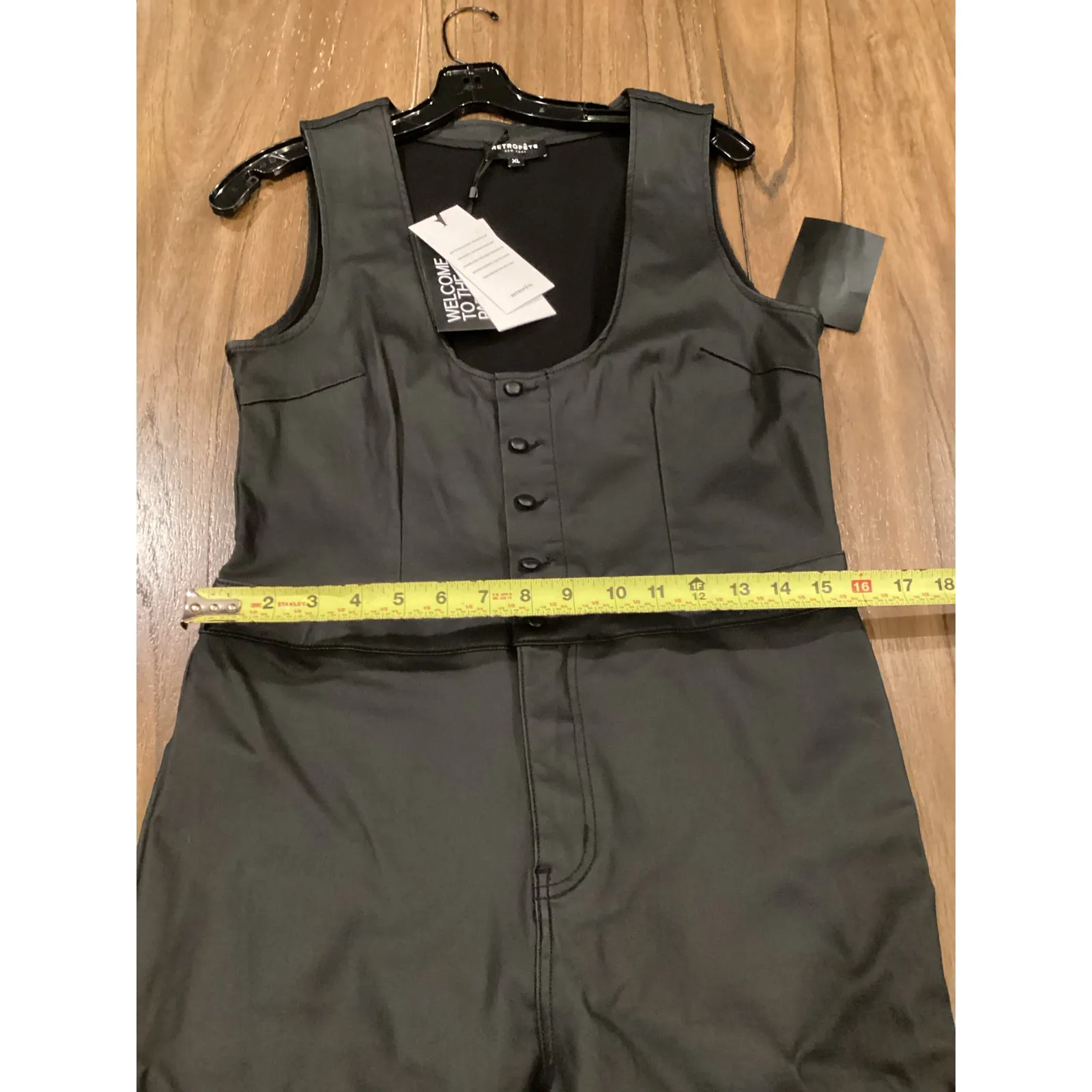 Retrofete Mckinnon Black Coated Sleeveless Jumpsuit Plunge Flare Leg XL NWT - Image 11