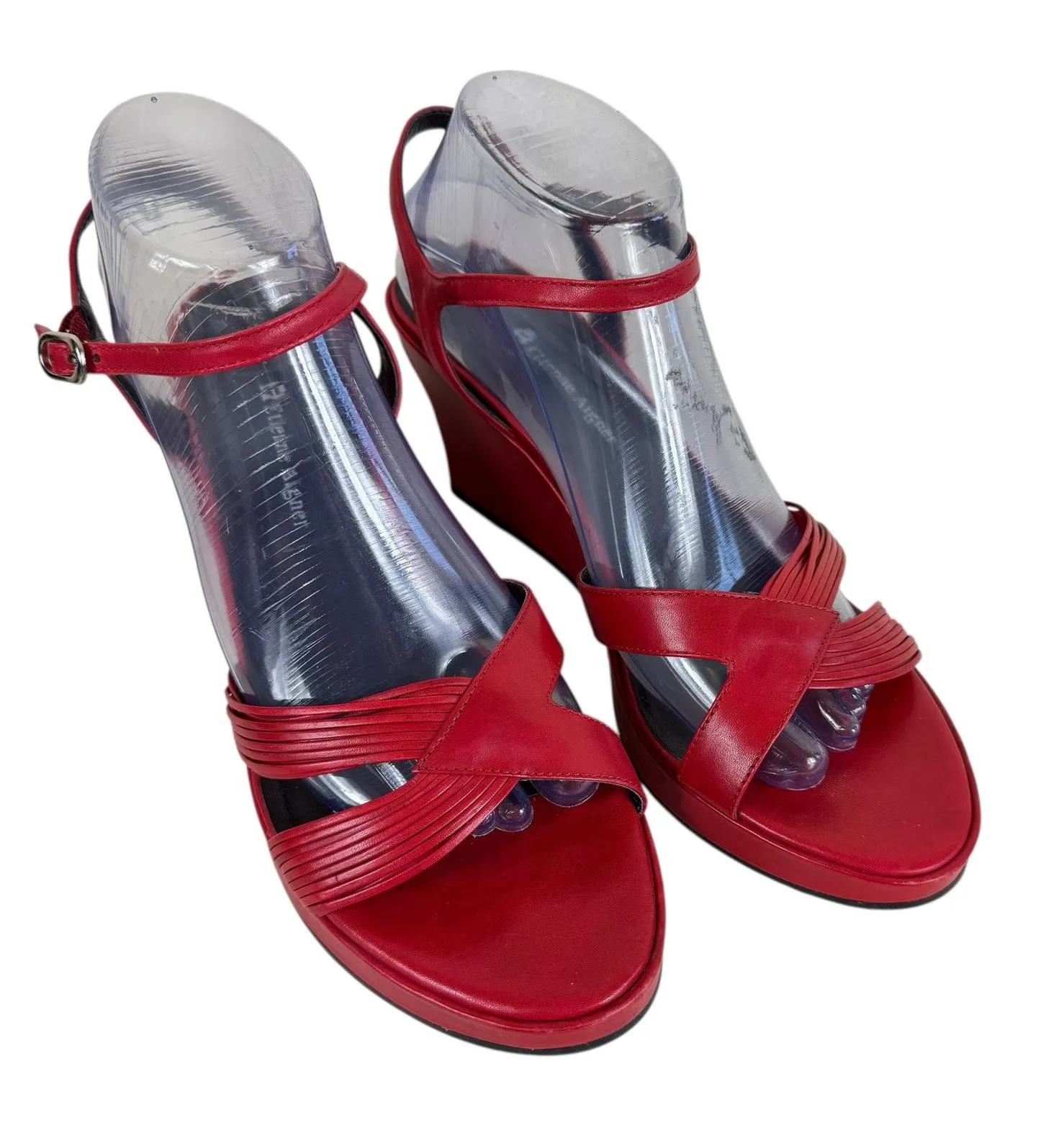 Etienne Aigner Felicity Red Leather Strappy Ankle‎ Strap Wedge Heels Size 9.5 - Image 1