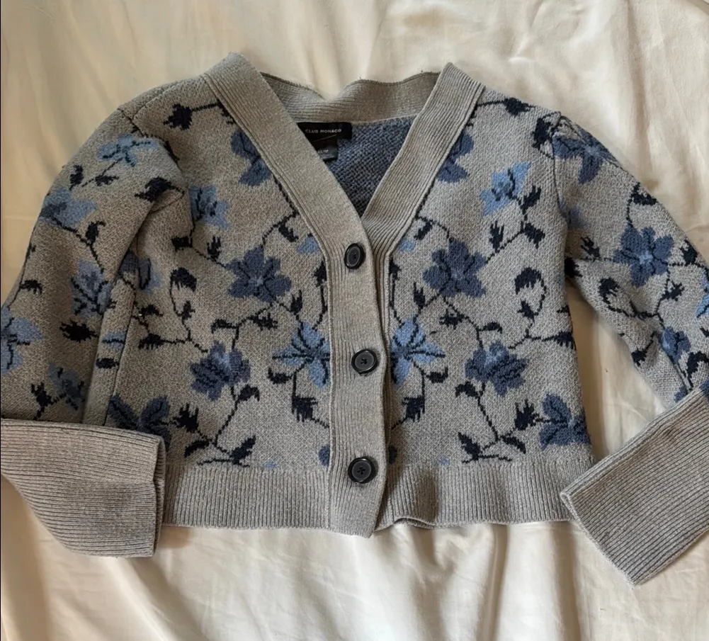 Club Monaco Gray and Blue Cardigan Sweater with Floral Design - Image 1