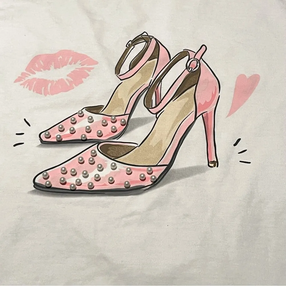 Why Dress Women Size Small White Short Sleeve Shirt Top Blouse Pink Heels Pearls - Image 2