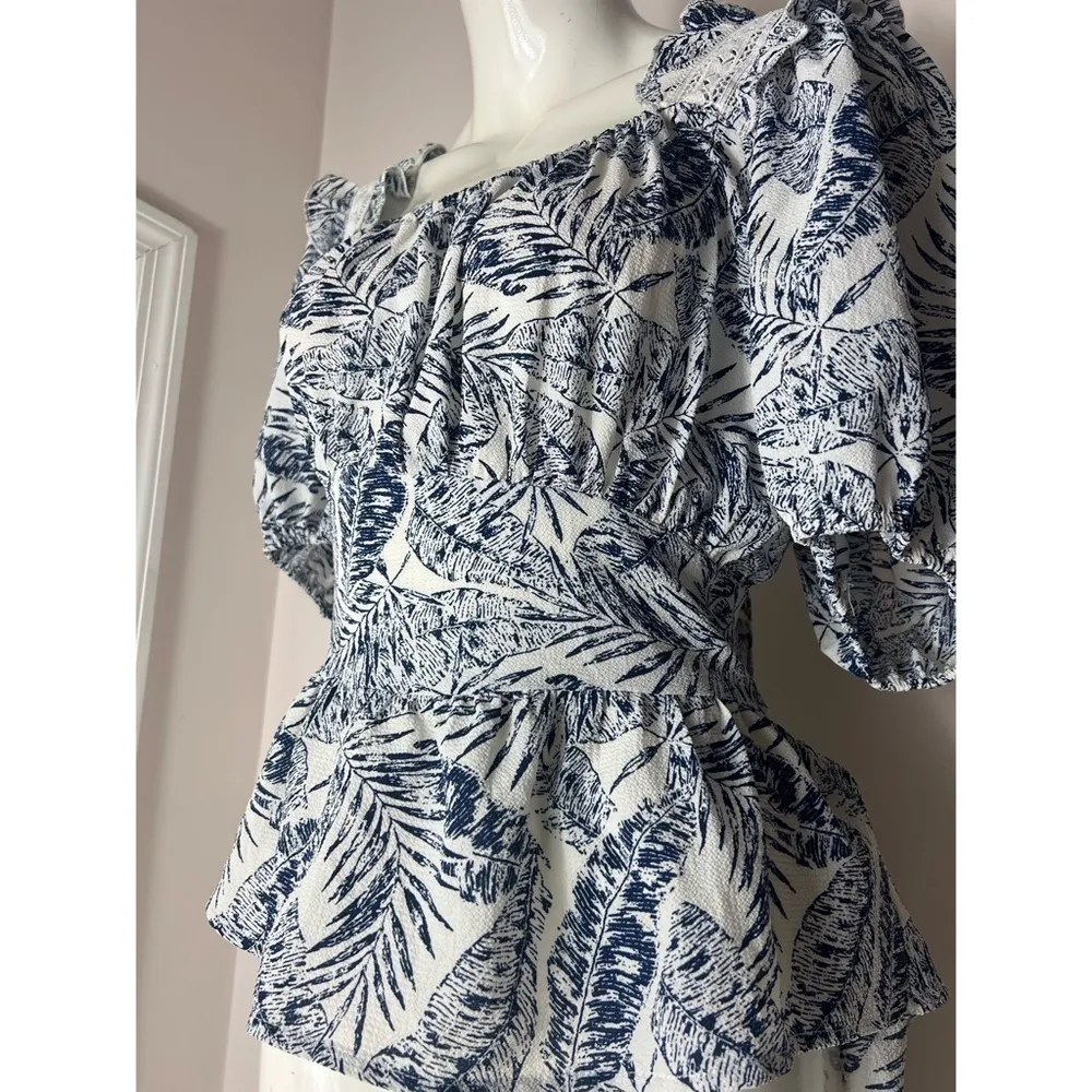 Sweet Rain Blue White Floral Leaf Peplum Tie Back Puff Sleeve Blouse Plus 2XL - Image 4