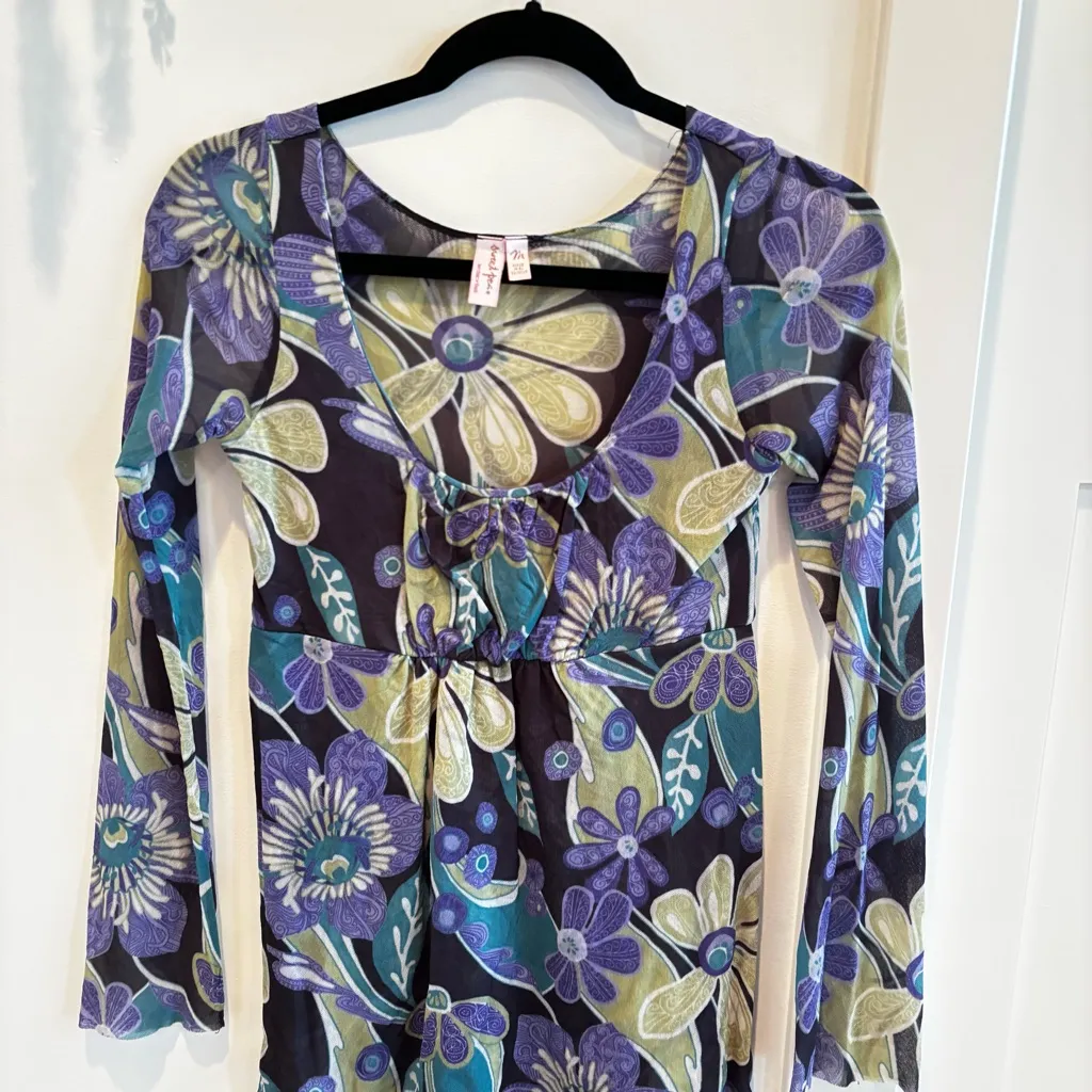 Sweet Pea by Stacy Frati Euro Micro Mesh Fairy Baby Doll Top Floral Print Size M Purple Size M - Image 2