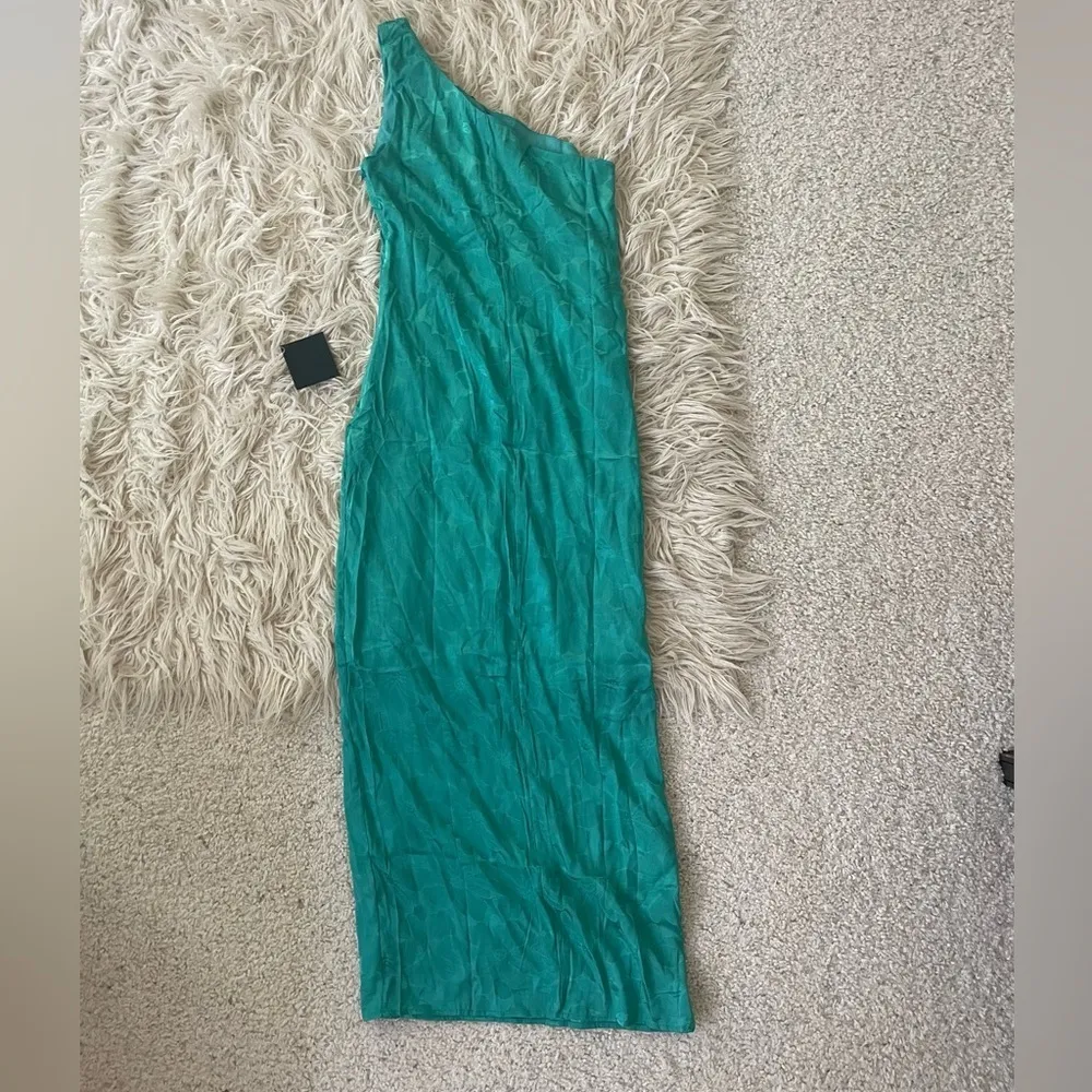 NWT Lulu’s Chasing Desire Teal Green Satin Jacquard One-Shoulder Maxi Dress - Image 10