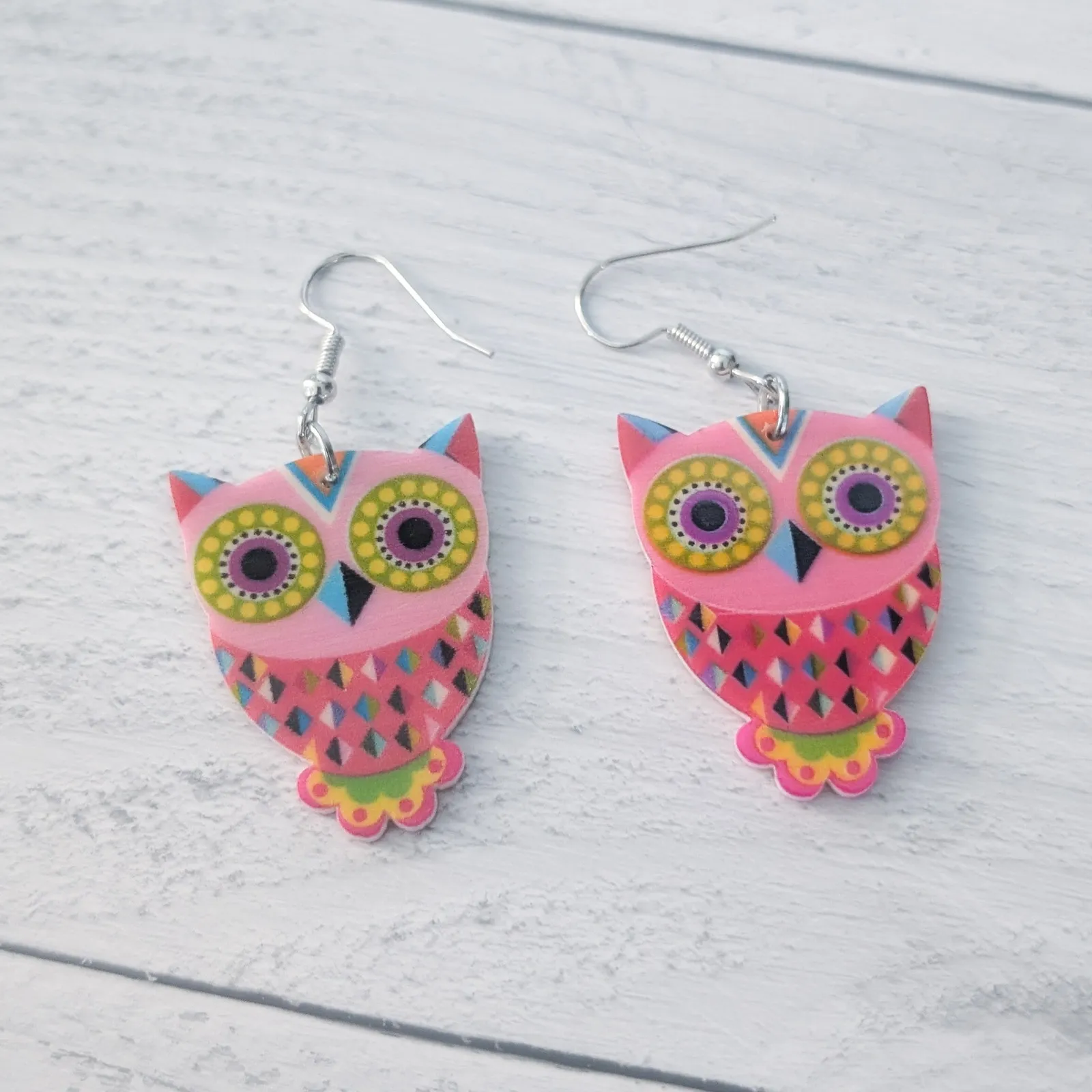 Pink Owl Dangle Hook Earrings - Image 2