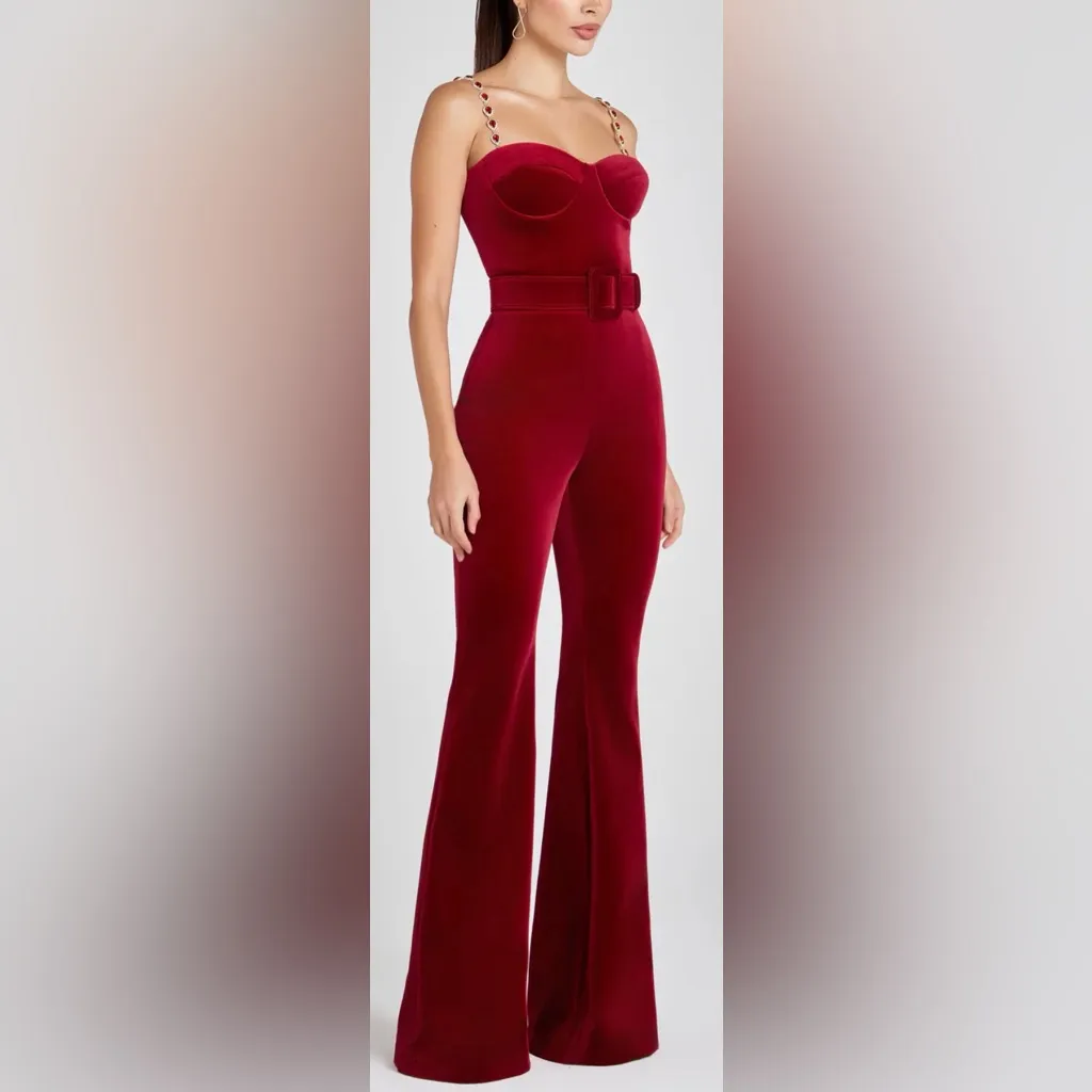 NEW Nadine Merabi Harley Red Velvet Jumpsuit Large Sz 14 $575 - Image 3