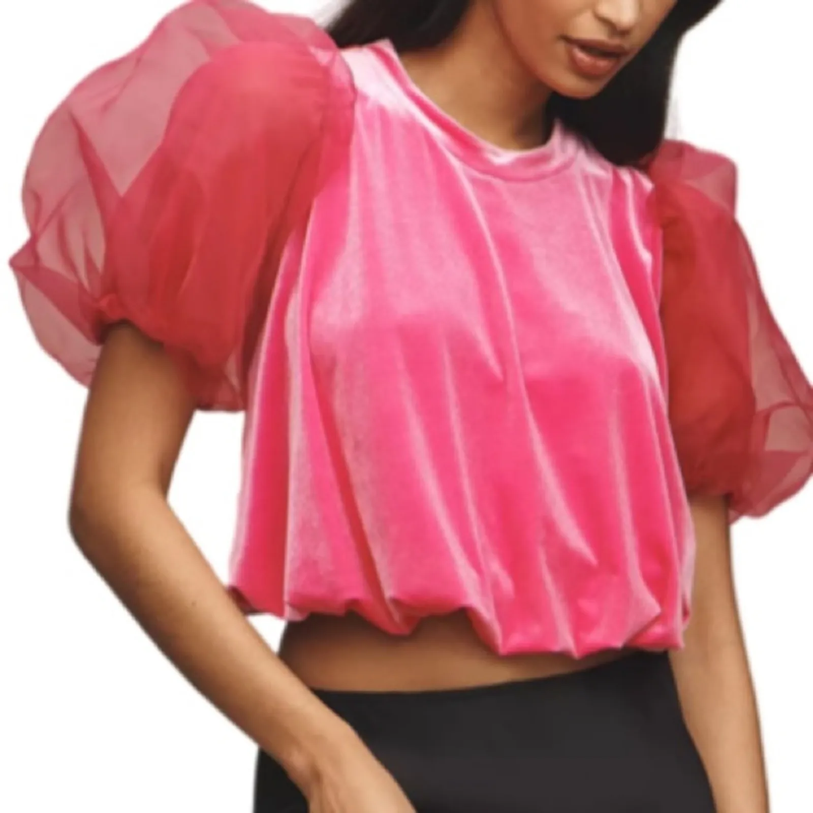 Anthropologie Maeve Puff-Sleeve Velvet Blouse - Pink XS - Image 3