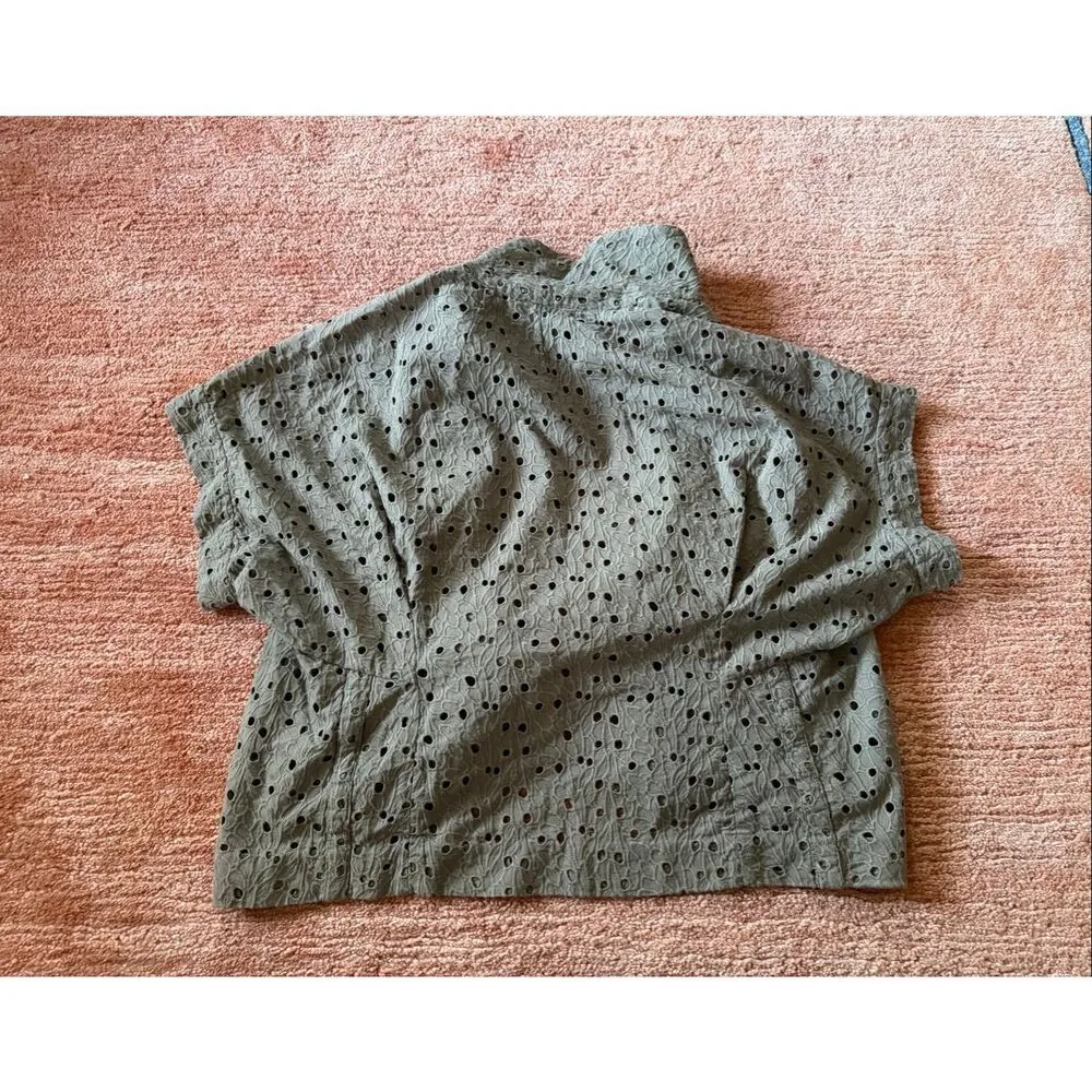 Magaschoni olive green eyelet open front short sleeve cotton cardigan blouse - Image 6