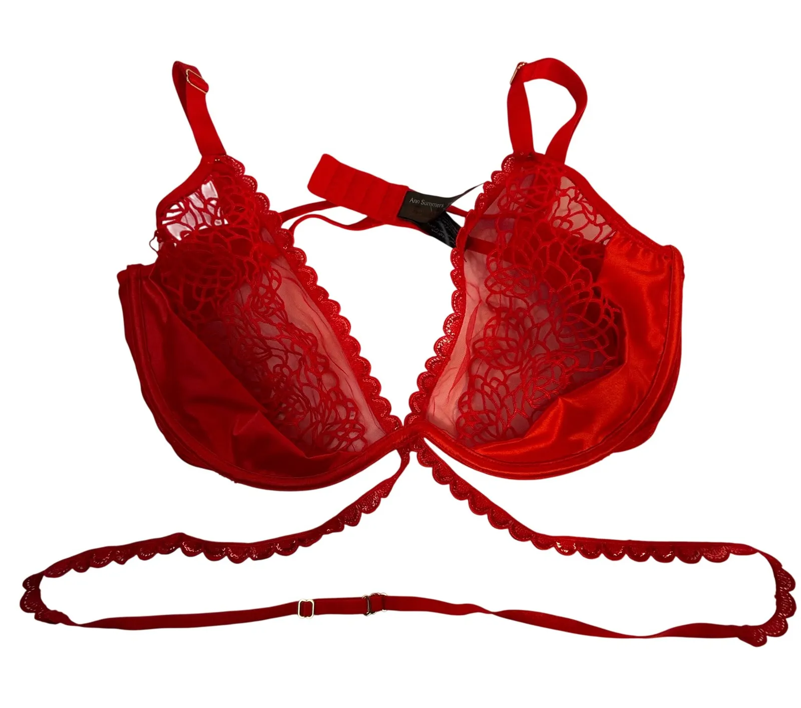 Ann Summers Red Lace Trim Balconette Bra Eyelash Trim Straps Size XL Strappy - Image 1