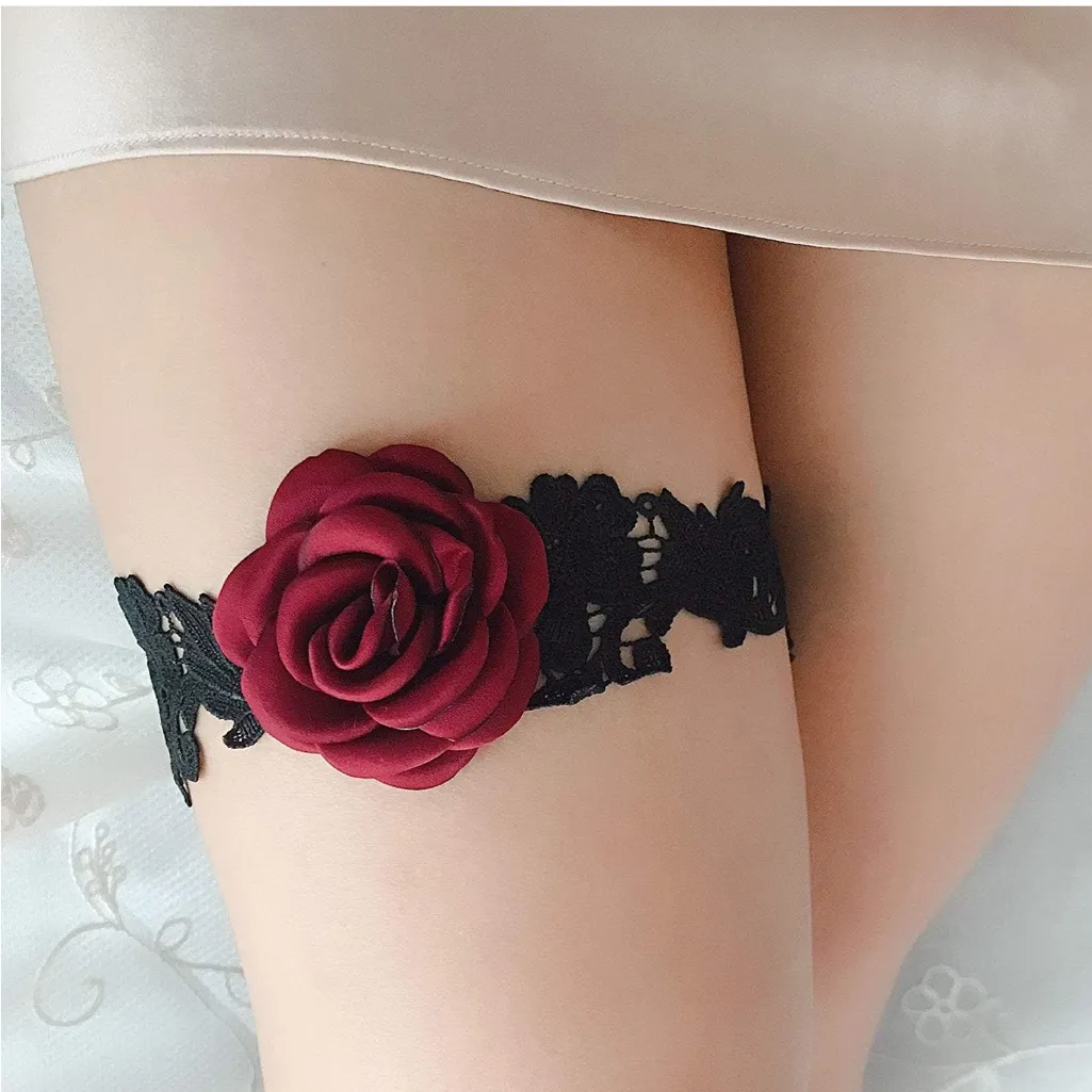 Elegant Black Lace Garter with Red Rose Accent - Image 9