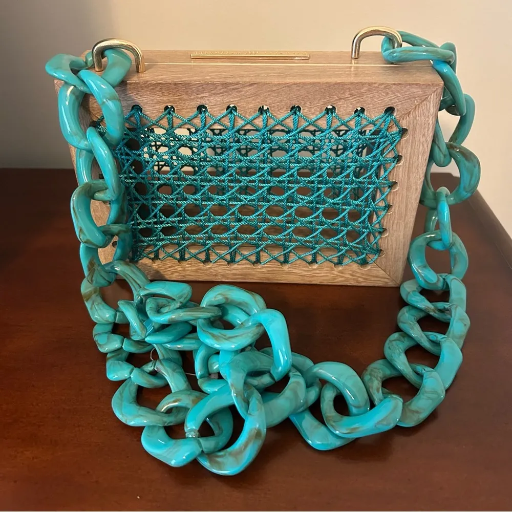 Maxi Rose Natural Acqua Wooden Mini Bag with Teal Acrylic Chain Blue - Image 4