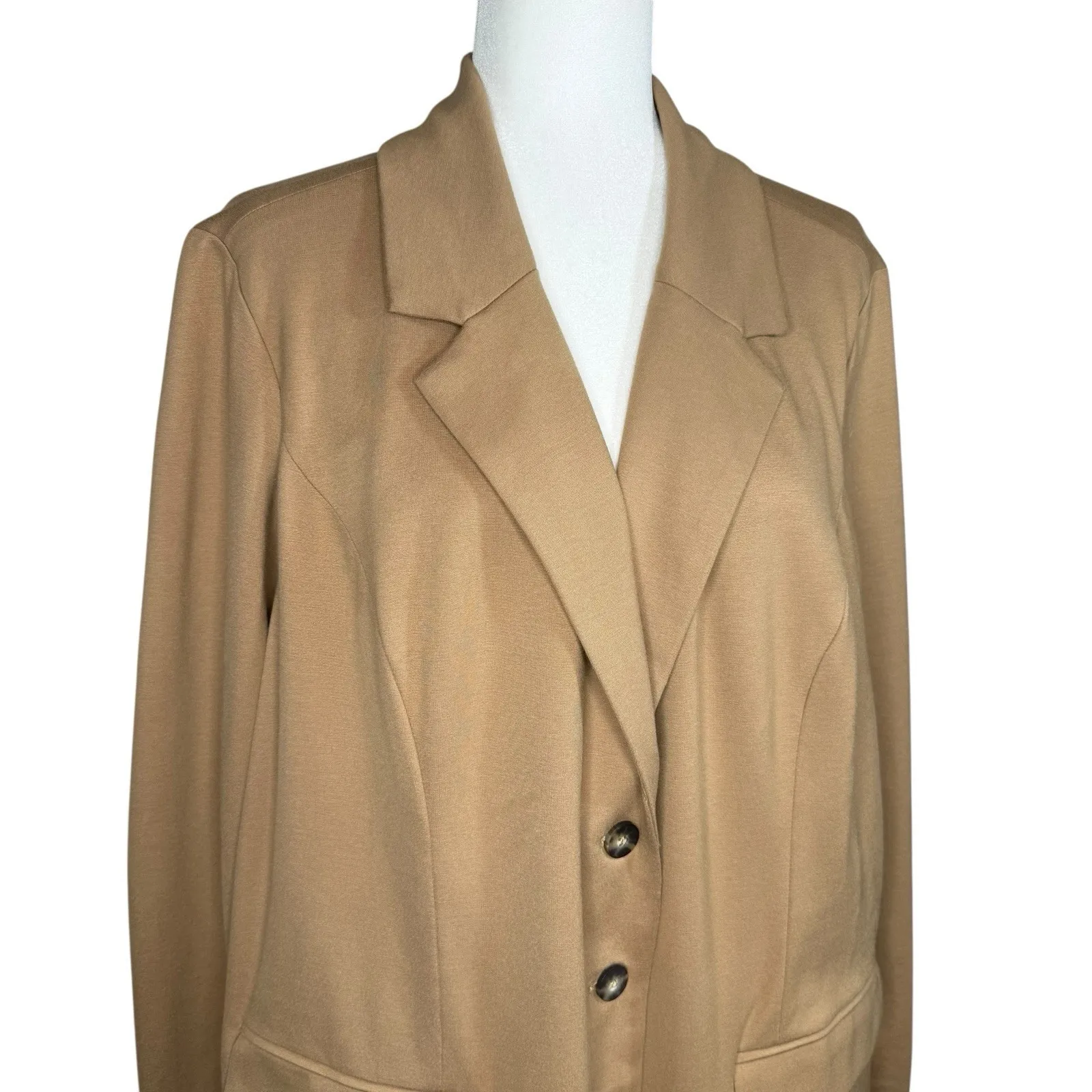J. Jill‎ Ponte Stretch Knit Blazer Jacket Camel Tan Longline 3 Button L/XL Cozy Size L - Image 4