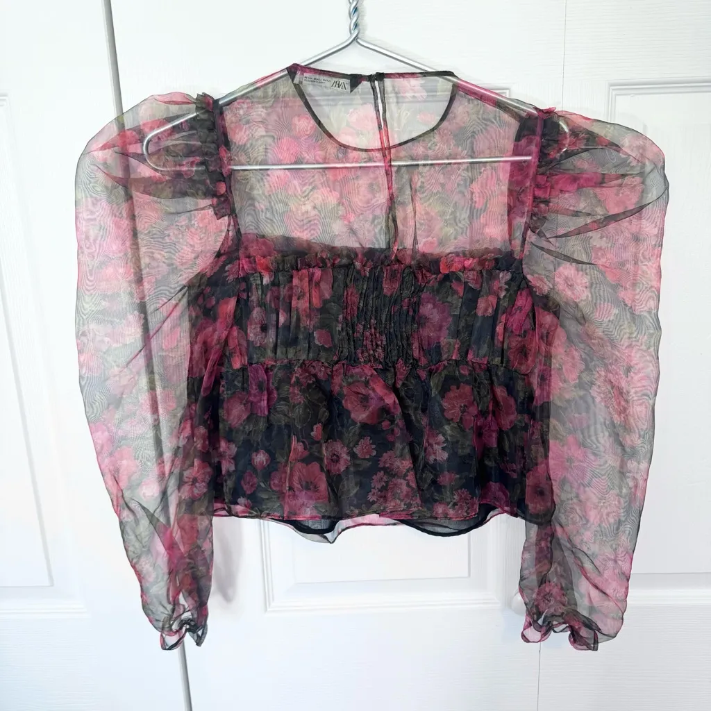NWOT Zara Black and Pink Floral Sheer Blouse Puff Sleeve XS - Image 5