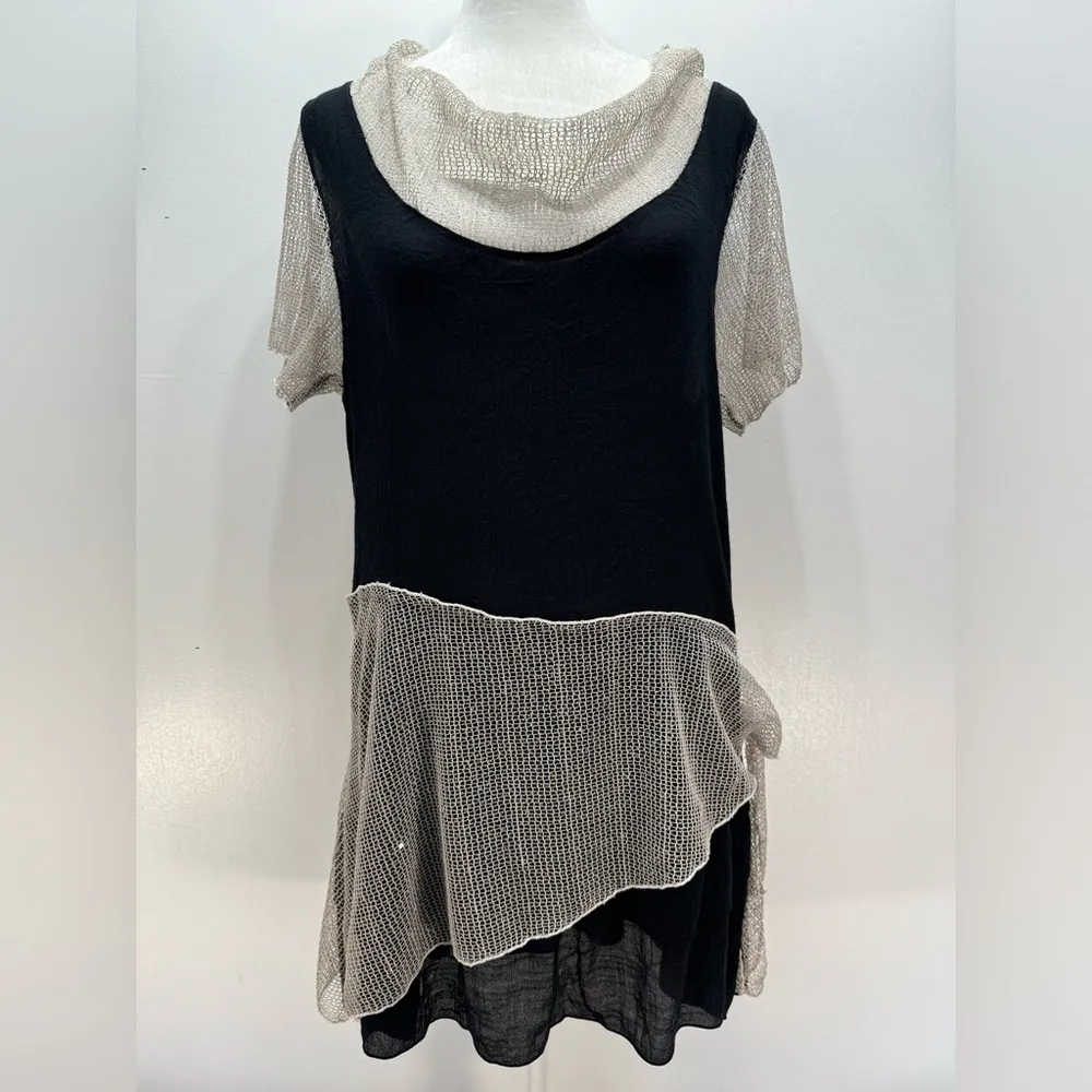 Black Crepe Tunic w Ruffles & Sequined Beige Mesh Accents by Firmiana Lily XL - Image 5