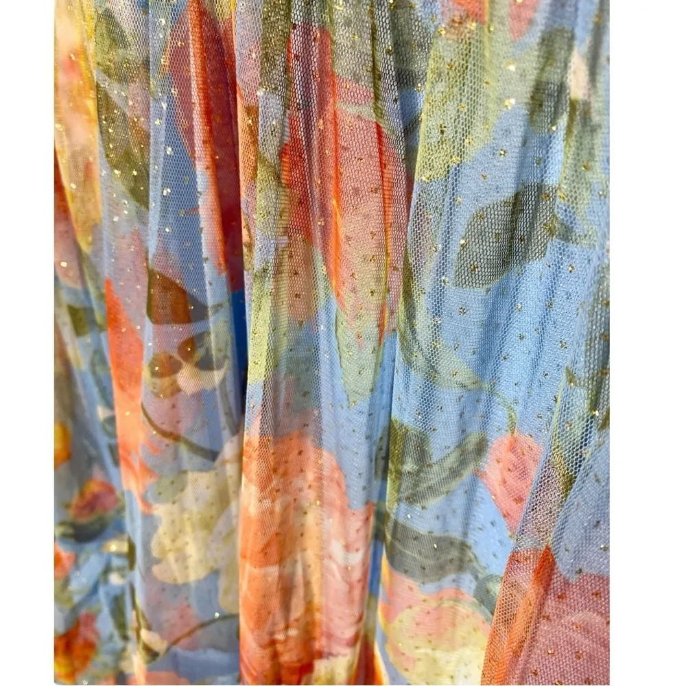 Lulus Perfectly Divine Blue Floral Tulle Tiered Ruffle Midi Dress Sz M NWT Size M - Image 5