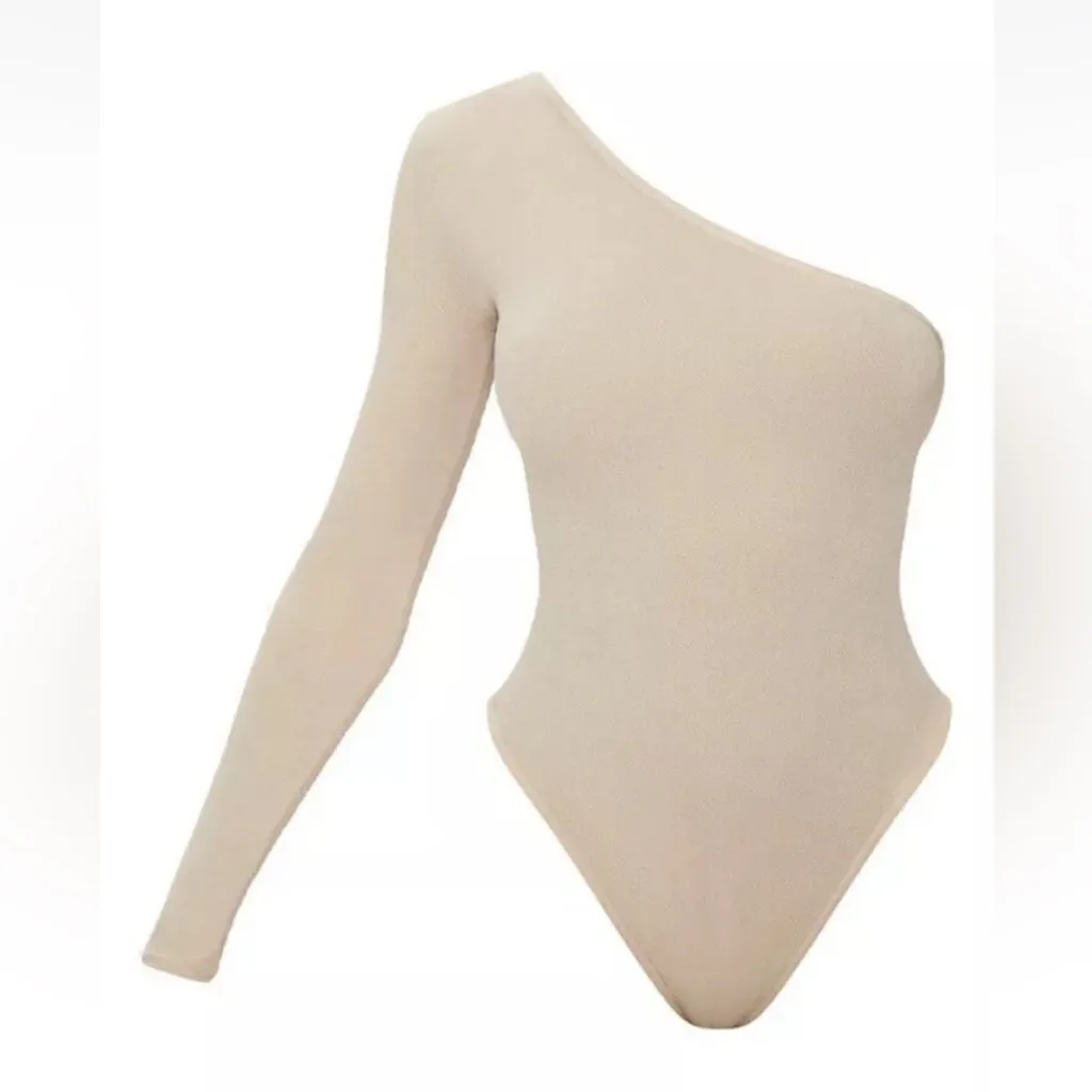 NWT PLT BEIGE STRETCH CREPE ONE SHOULDER BODYSUIT US4 - Image 2