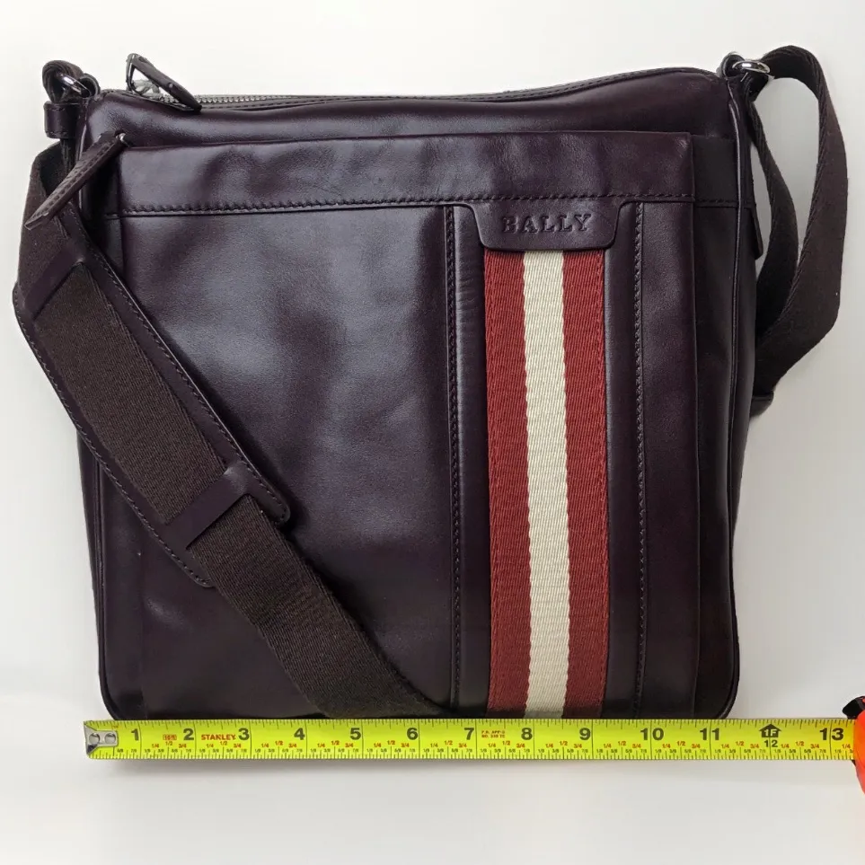 BALLY Brown Calfskin Top Zip Crossbody Messenger Shoulder Bag Striped Strap - Image 13