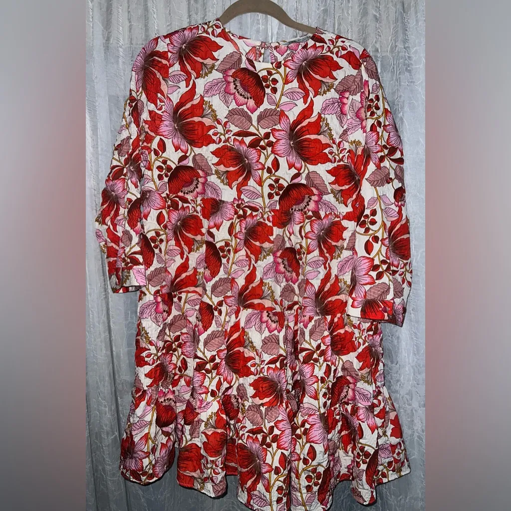 Zara Sharon Floral Tiered Mini Dress Pink Red Size Medium Flowy Romantic - Image 2