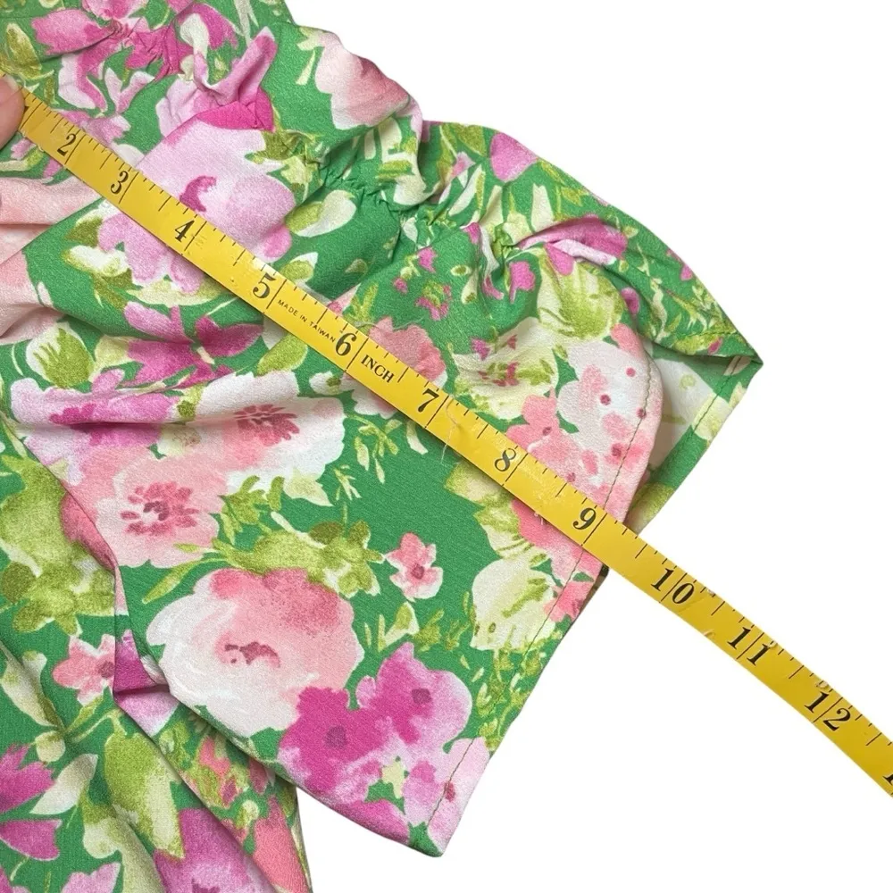 Pleione Green Pink Floral Blouse Ruched Short Sleeves Medium Garden Flower Roses - Image 8