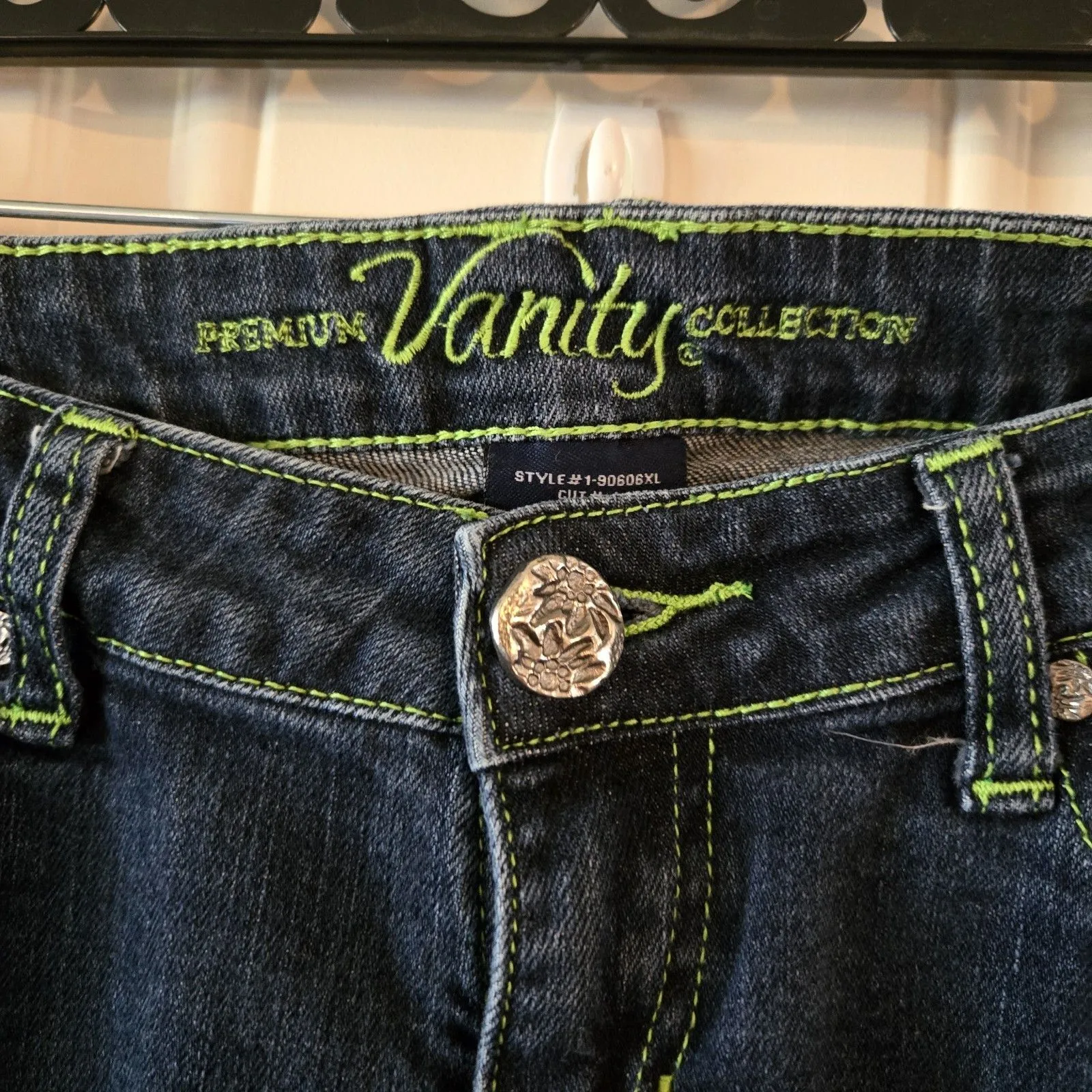 Premium Vanity Collection Women Jeans Size 29x33 Neon Green Thread Y2K Low - Image 5