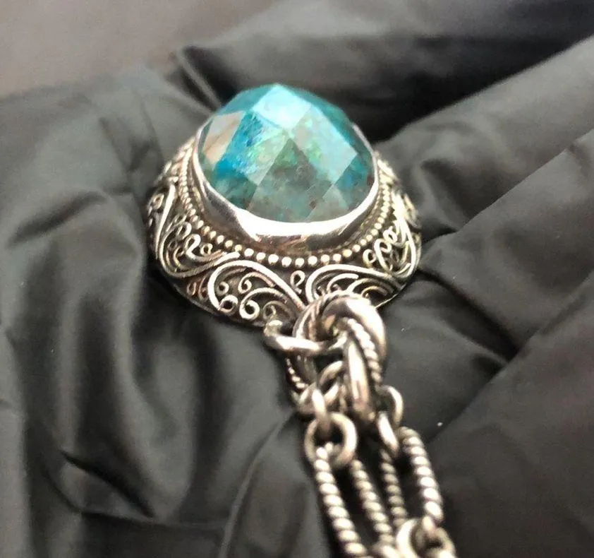 LORI BONN Sterling Silver Faceted Azurite Oval Gem Pendant Mixed Link Necklace - Image 12