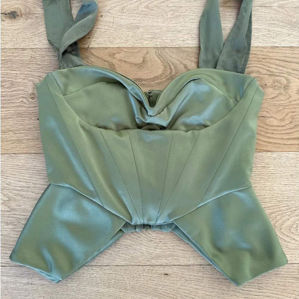 House Of CB  - Mya Satin Peplum Corset Top in Olive Green - Image 2