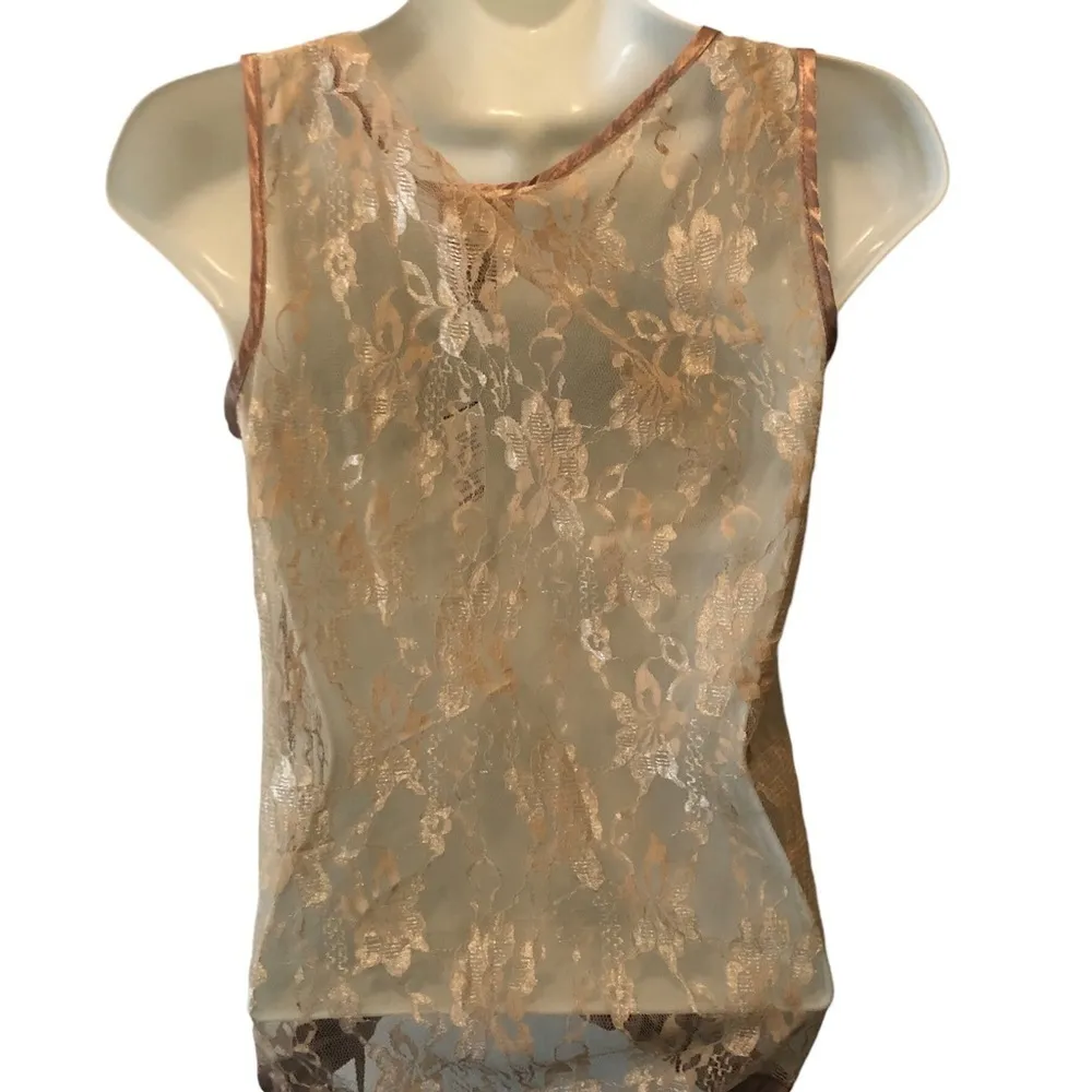 The Buckle Daytrip Floral Sheer Lace Tank M Champagne Hem Cinch Tied Beaded - Image 3