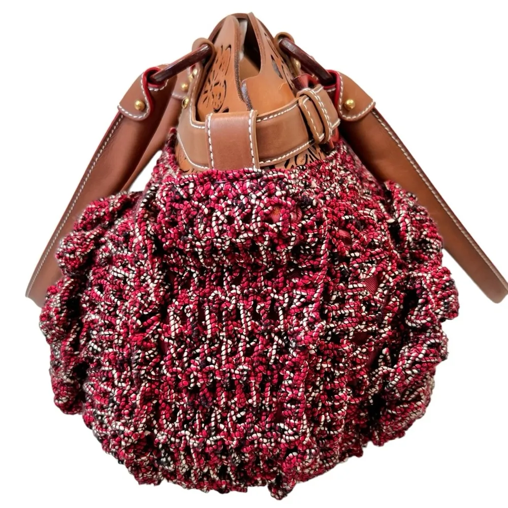Salvatore Ferragamo Laser-Cut Leather and Crochet Bag in Original Wine - Image 7