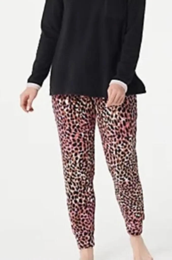 Cuddl Duds Pink Black Leopard Print Fleece Cozy Pajama Lounge Jogger Pants - Image 1