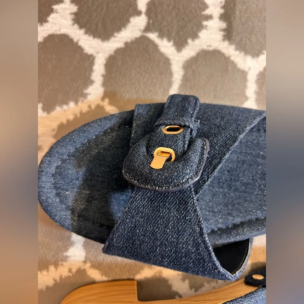 Impo Denim Blue Buckle Sandals memory foam wooden platform Y2K denim gold buckle - Image 3