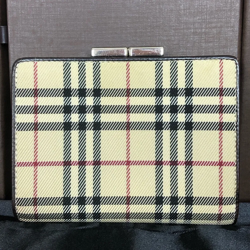 BURBERRY Nova Check Compact Brown Leather and Canvas Kisslock Wallet - Image 2