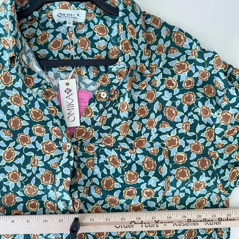 OMIKA Blouse Womens XL Floral Handmade Mod Boho Indian Print Button Up Shirt Green - Image 9