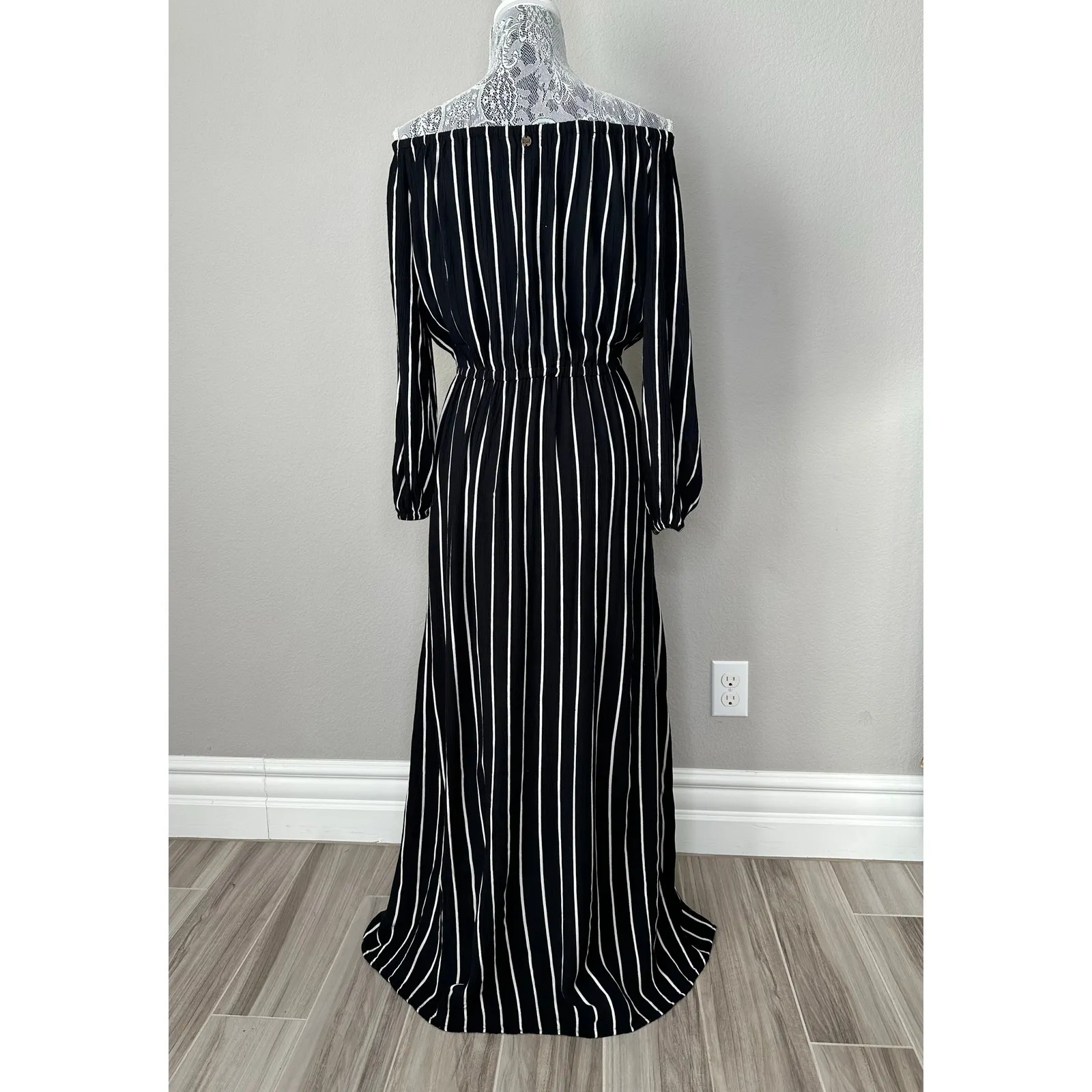BILLABONG Off The Shoulder Long Sleeve Maxi Dress Black White Vertical Stripe - Image 2