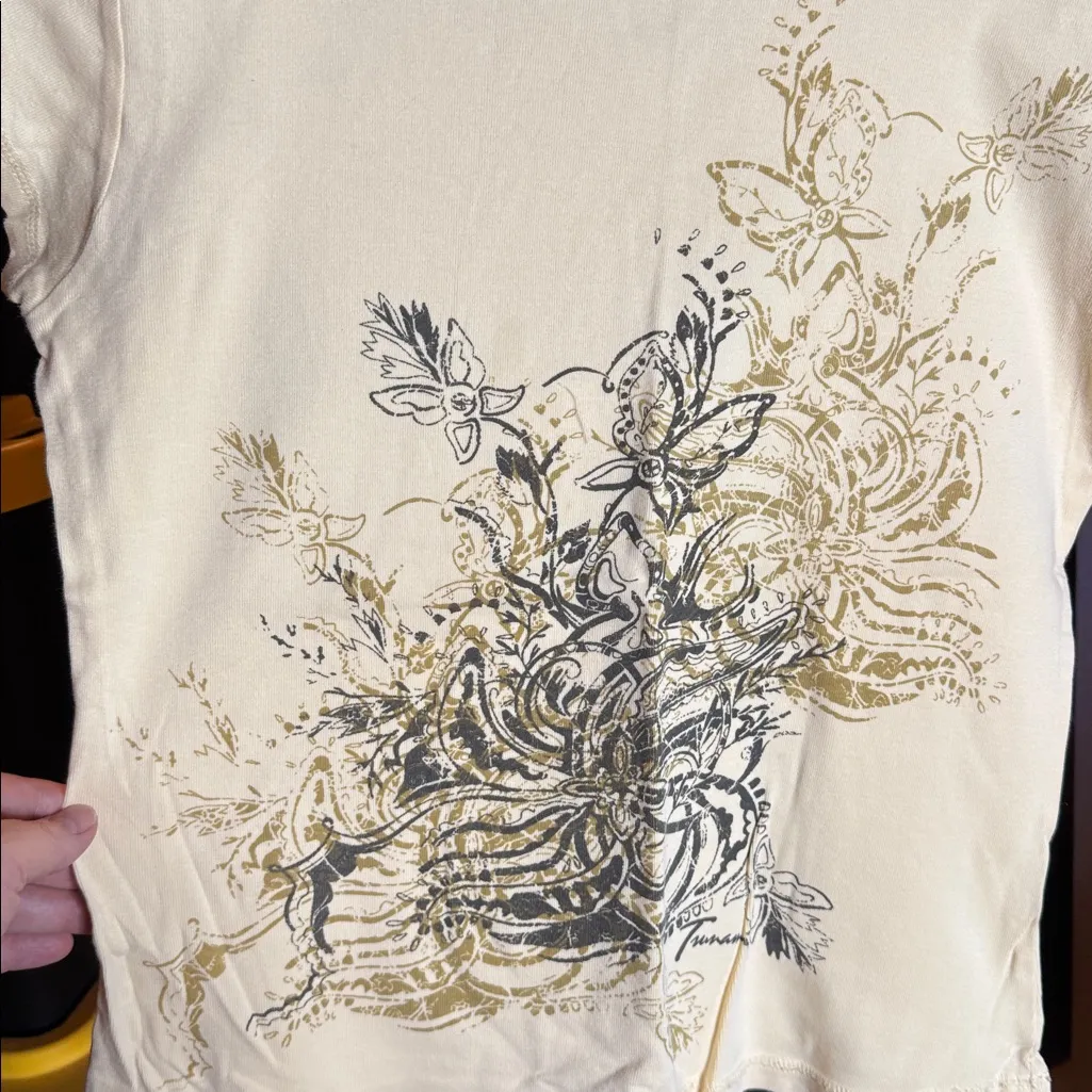 Vintage Y2K Tsunami Floral Butterfly Graphic Tee Cream 100% Cotton Size Small Black - Image 4