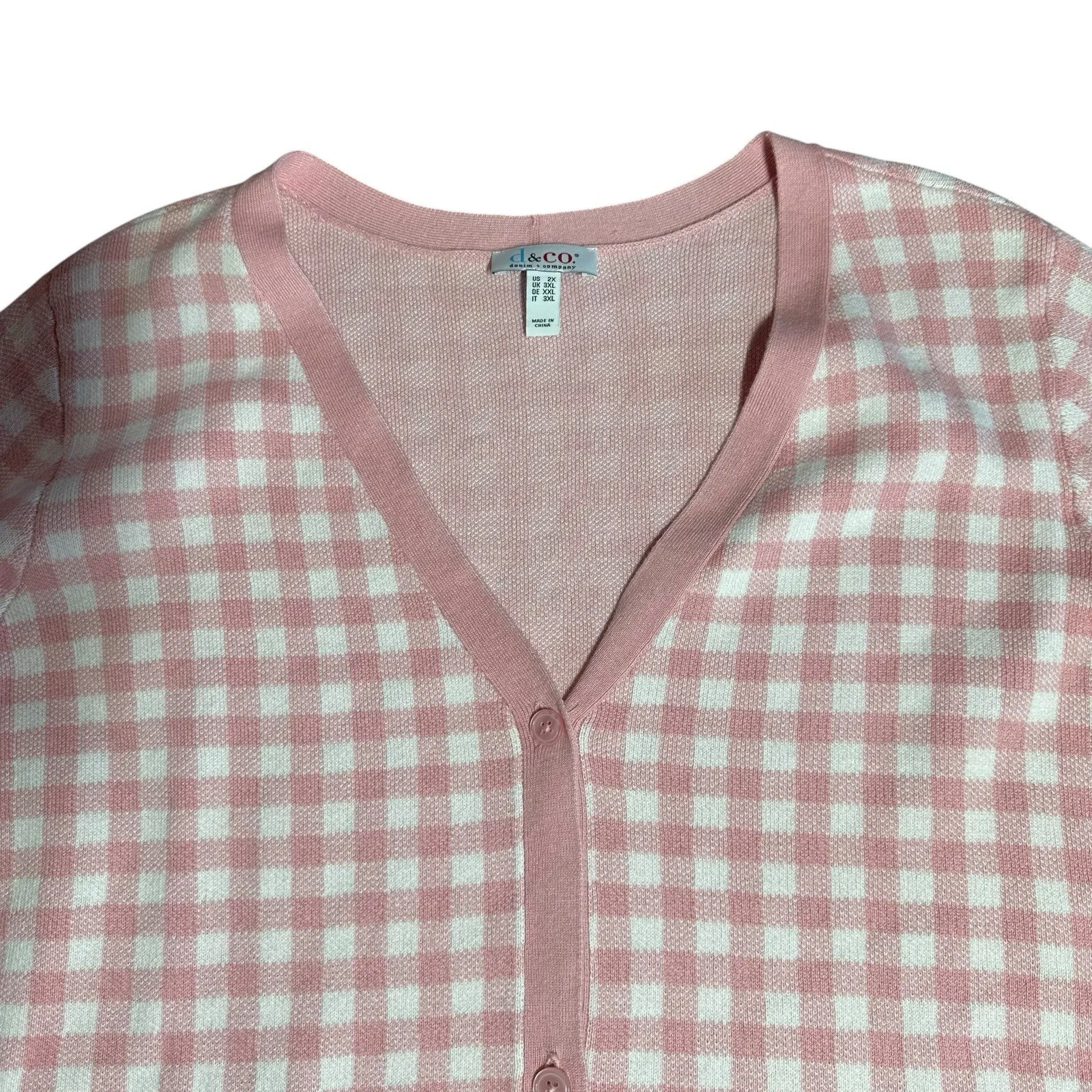 Denim & Co Pink White Jacquard Gingham Check V Neck Cardigan Sweater Womens 2X - Image 2