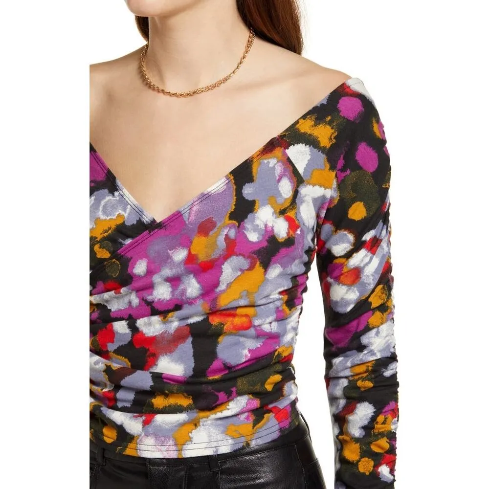 Open Edit x Nordstrom | NWT | M | Faux Wrap Long Sleeve Ruched Wide V-Neck Top - Image 2