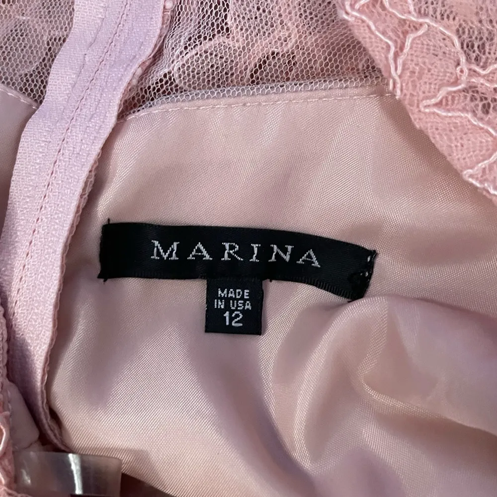 Marina Sleeveless Cotton Blend‎ Lace Satin Belt Mini Dress in Pink Size 12 - Image 4