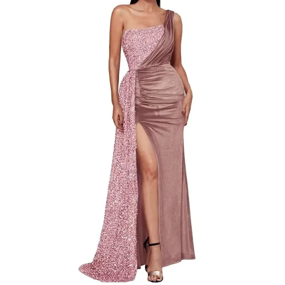 Women’s Full Length One Shoulder Pink Velvet Sequined Dress Leg Slit Size 12 - Image 12