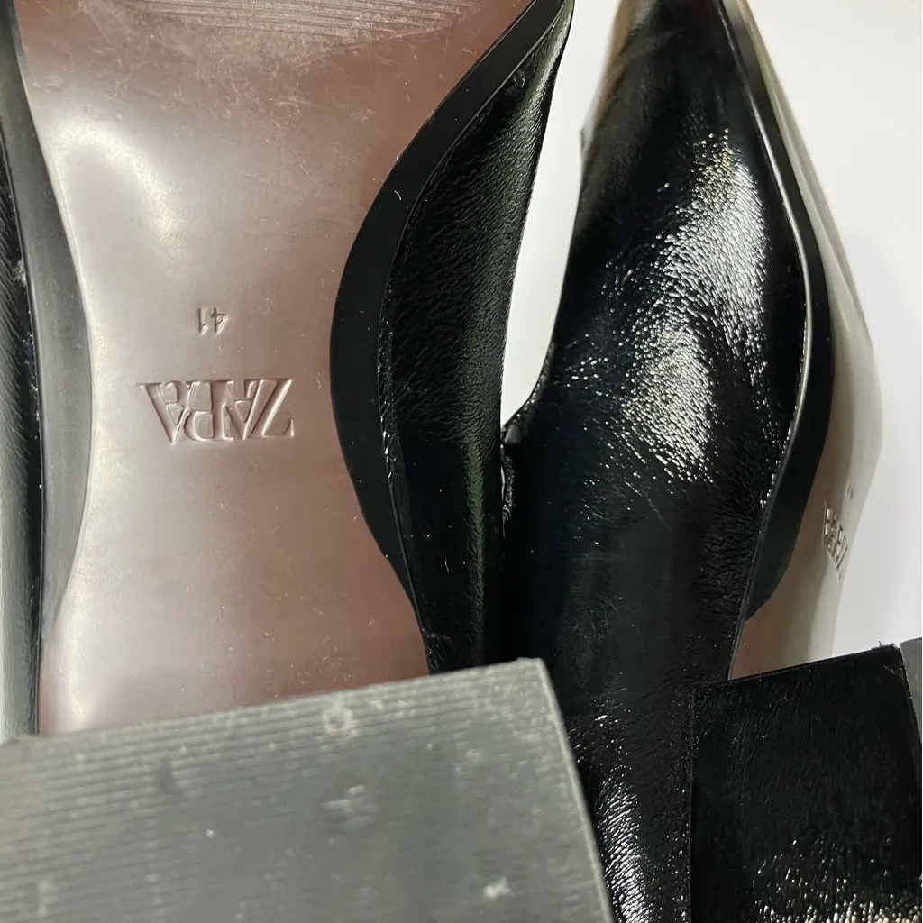 Zara‎ black faux patent leather dress shoes block heels double strap women’s 41 - Image 11