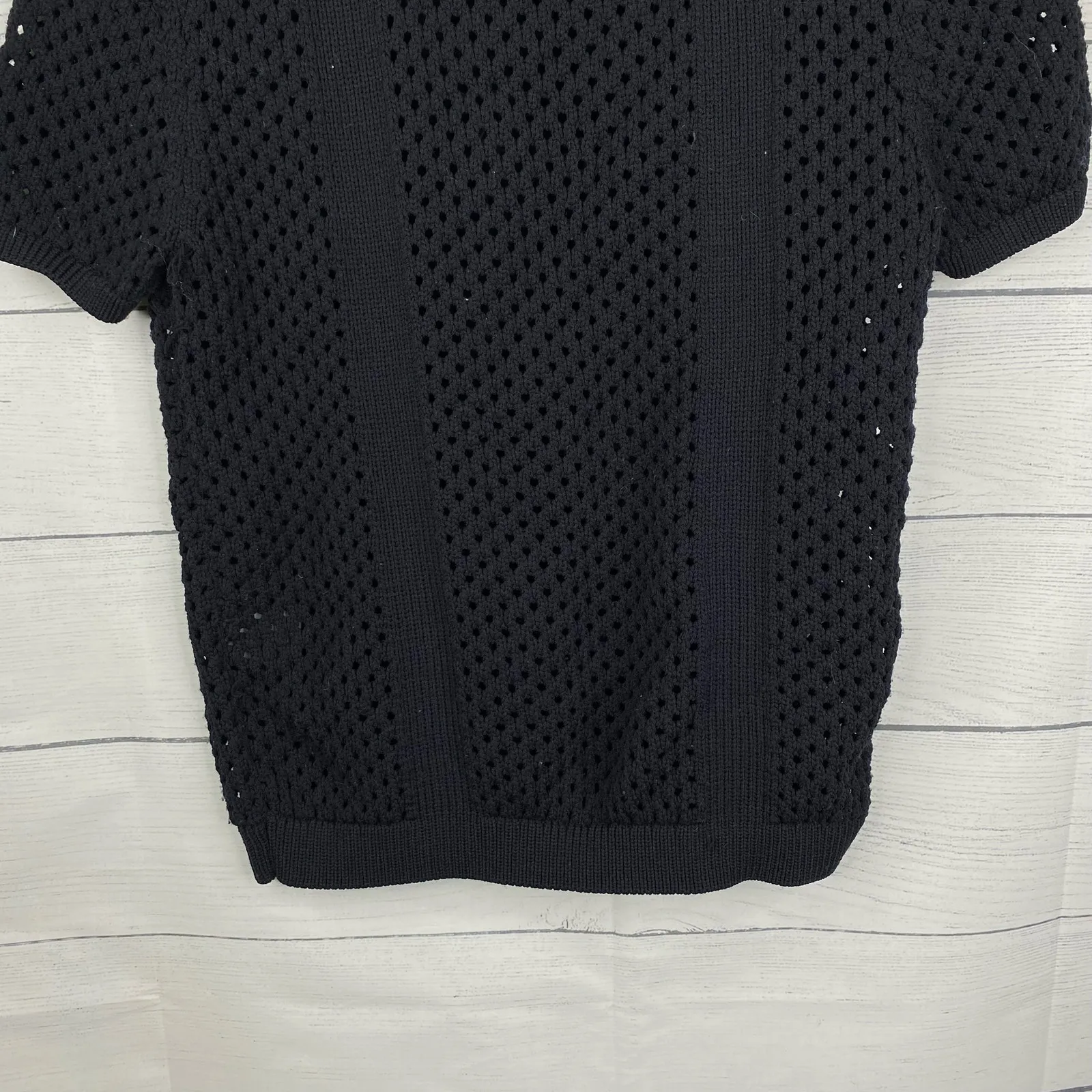 Crochet Leather Fringe Black Short Sleeve Open Knit Sweater Gothic Size Small - Image 8