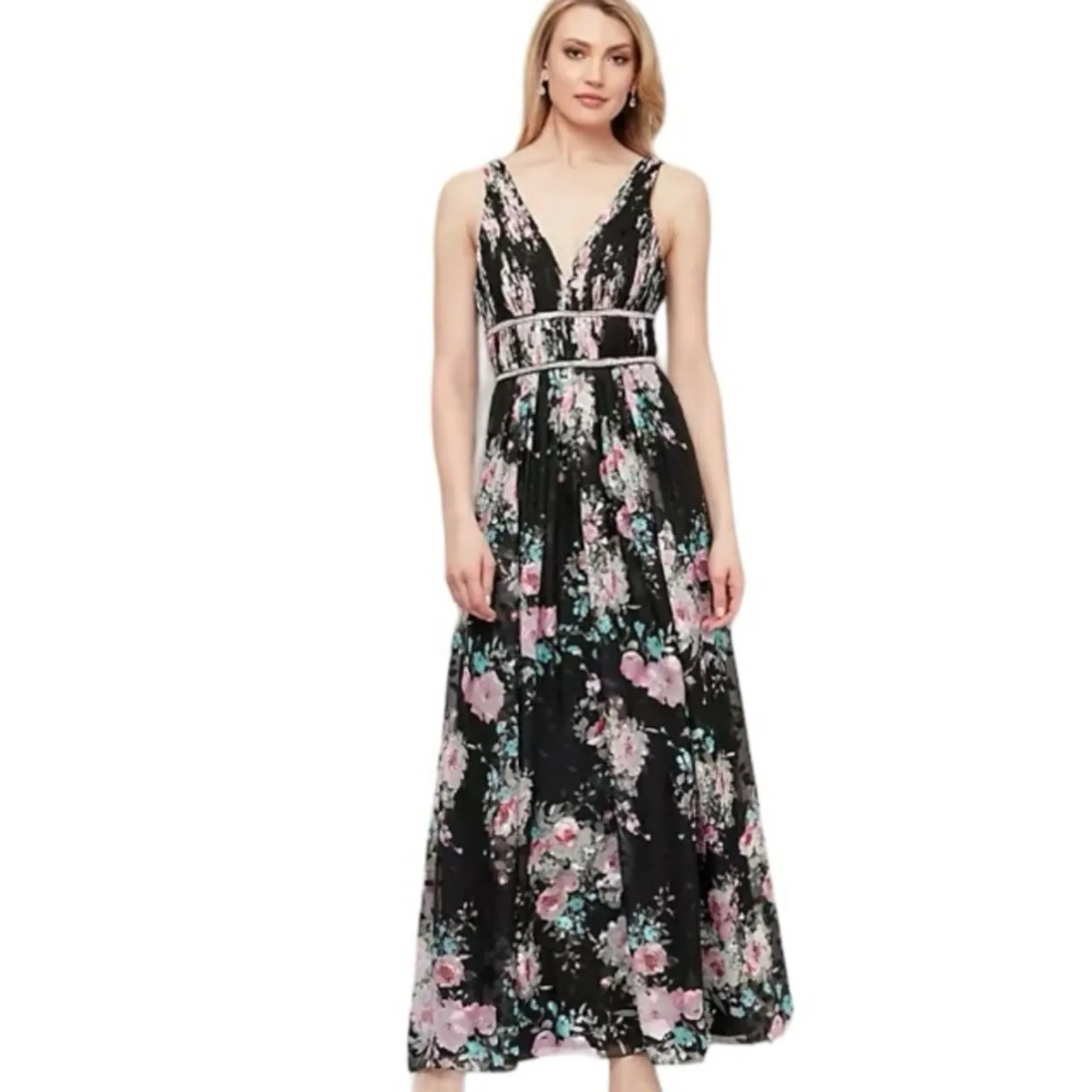 Alex Evenings NWT Black Floral Rhinestone Maxi Dress Size M Formal Wedding Gala - Image 16