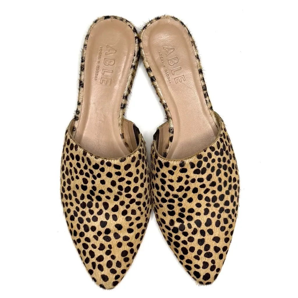 ABLE Women’s Leather and Calf Hair Leopard Mules Size 9 Tan - Image 7