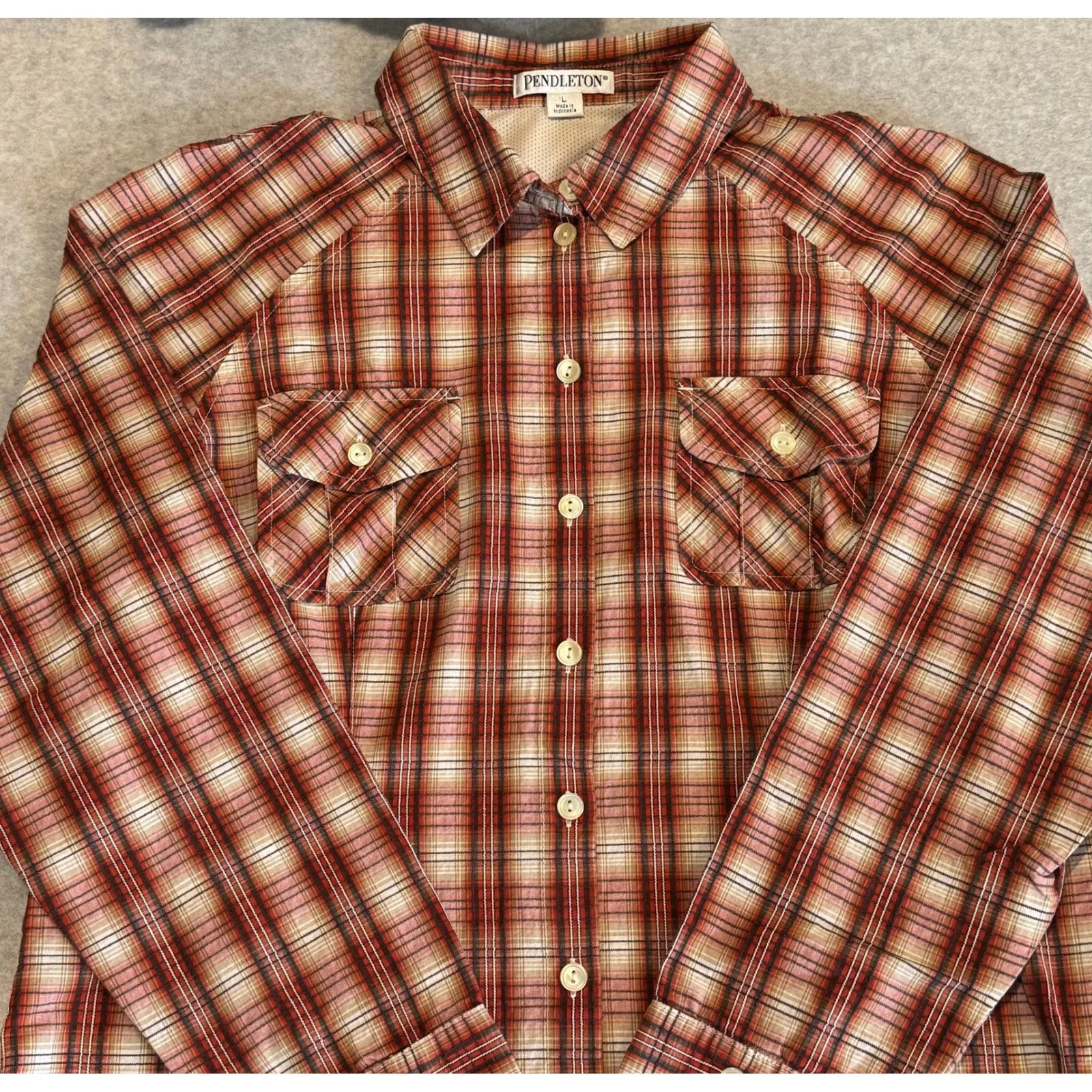 Pendleton Vented Long Sleeve Button Up Shirt Womens Large Red Tan Plaid Cotton - Image 2